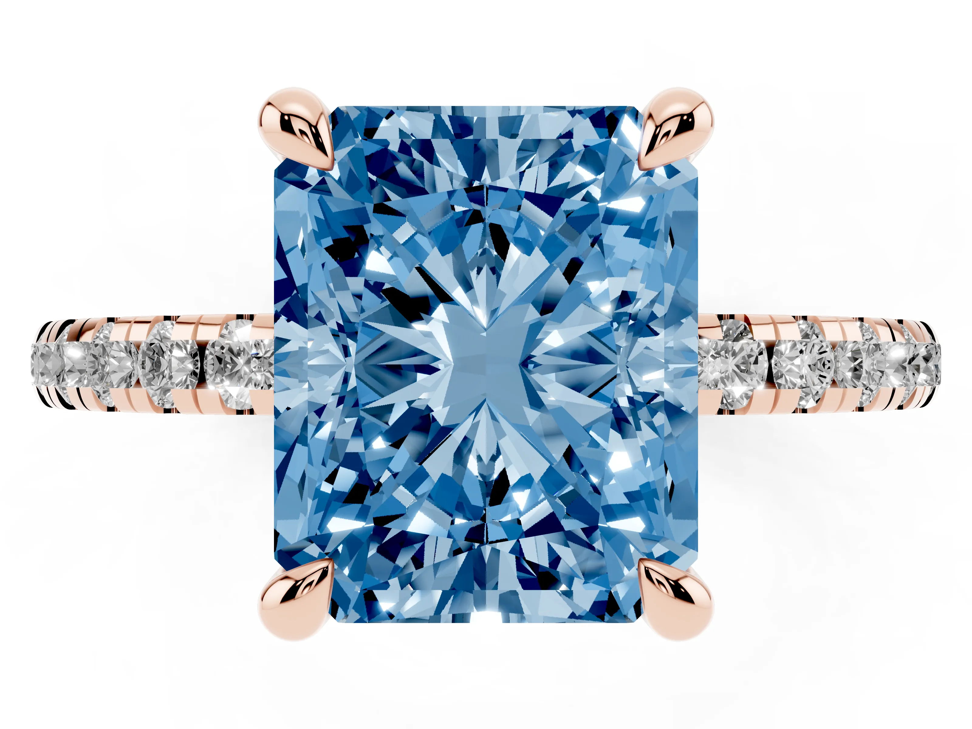 Fancy Blue Radiant Cut Diamond Brilliant Solitaire Ring Set in Rose gold with Pavé Band and Prong Setting