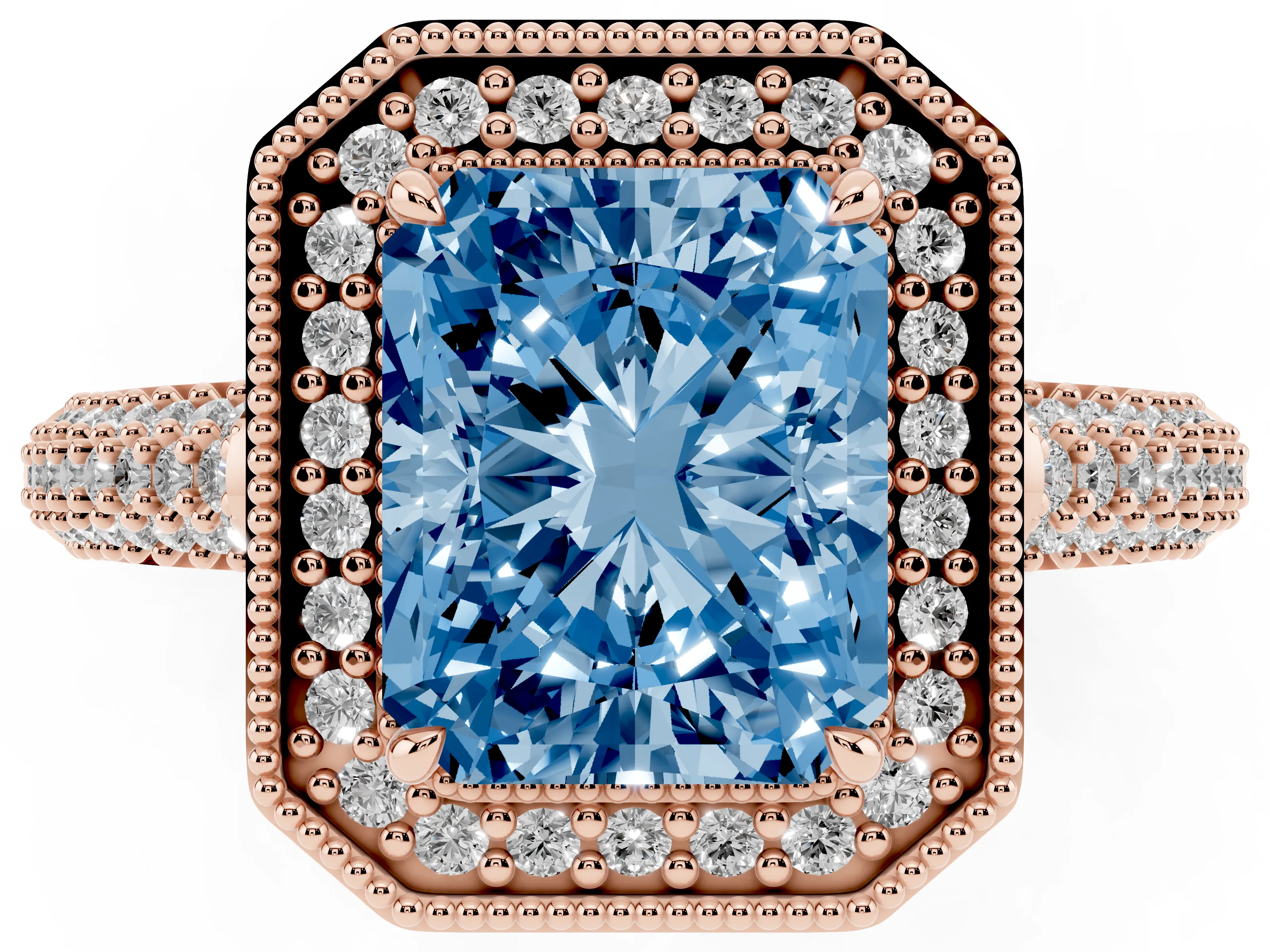 Fancy Blue Radiant Cut Diamond Halo Pavé Band Set in Rose gold with Prong Setting