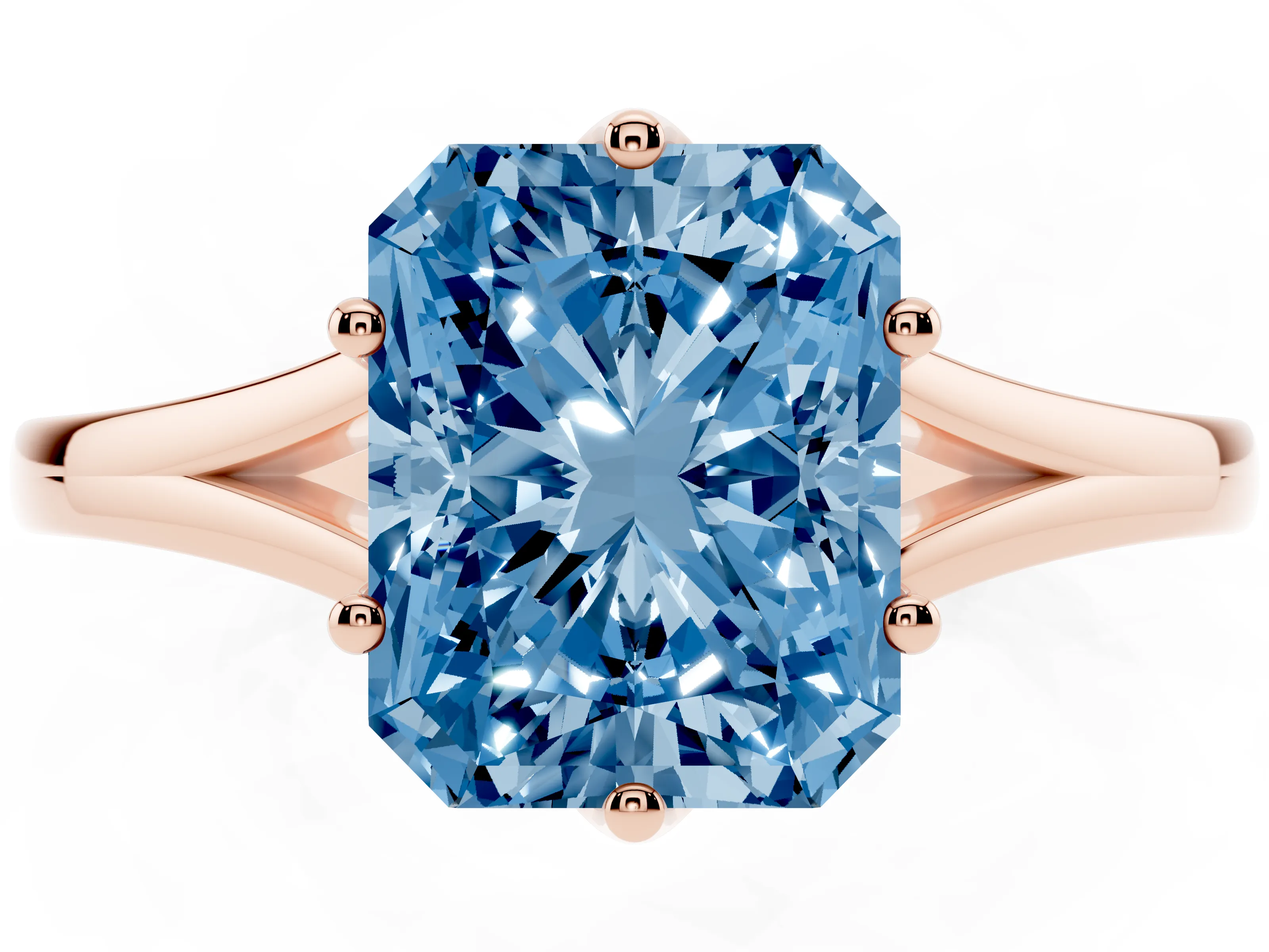 Fancy Blue Radiant Cut Diamond Solitaire Ring Set in Rose gold with Polished Tapered Band and Prong Setting