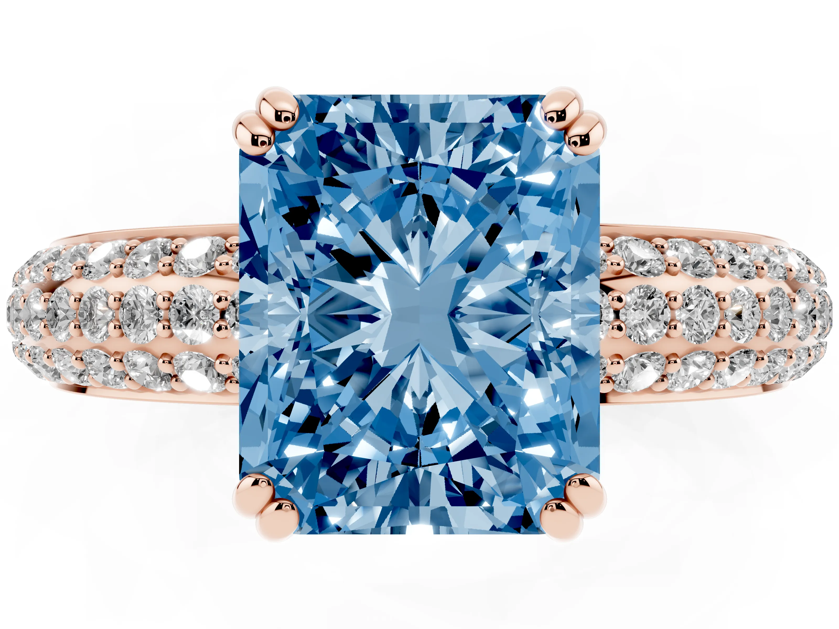 Fancy Blue Radiant Cut Diamond Solitaire Ring Set in Rose gold with Multi-Row Round Pavé Band and Prong Setting