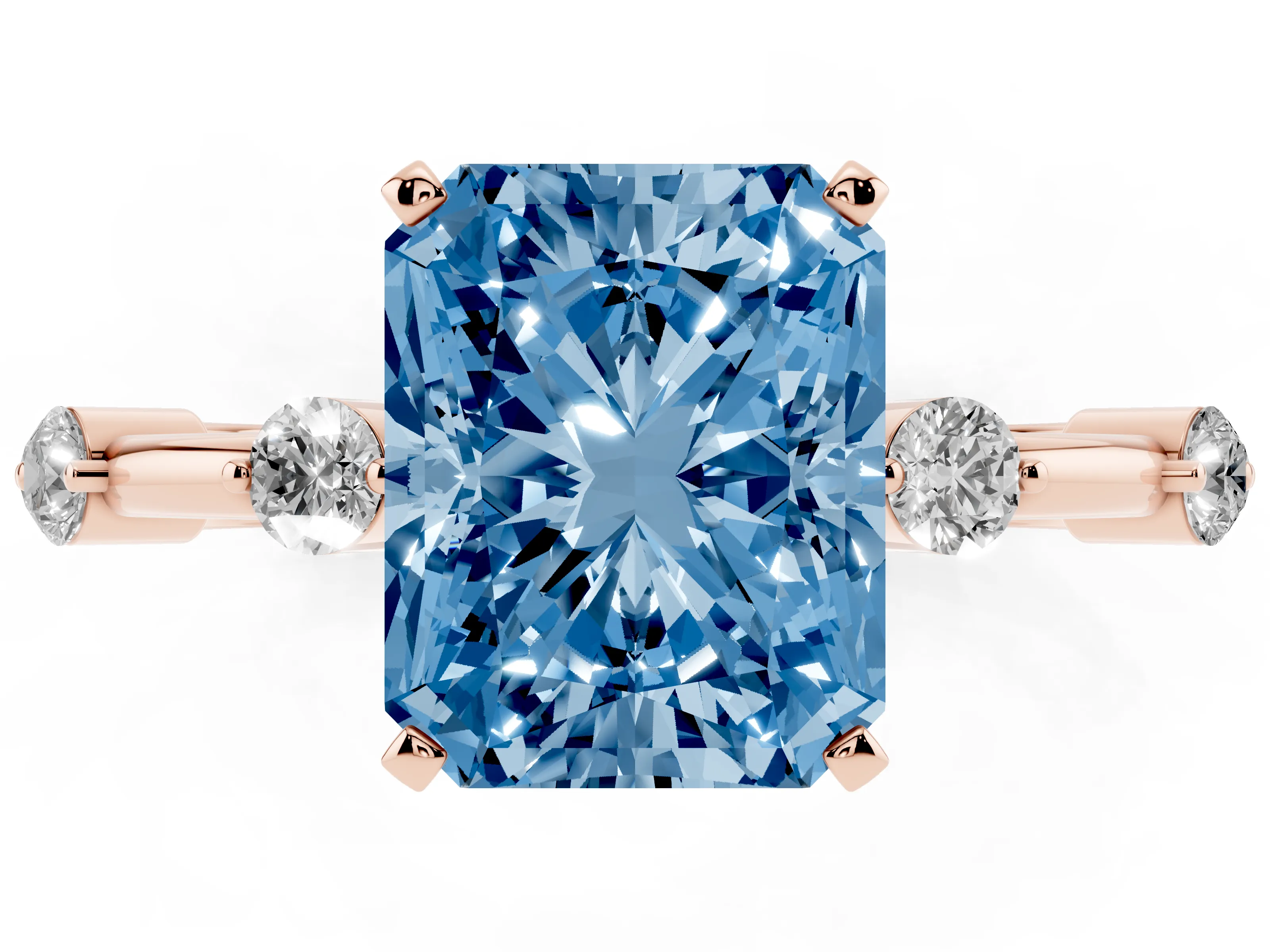 Fancy Blue Radiant Cut Diamond Solitaire Ring Set in Rose gold with Bezel Set Side Stones and Prong Setting