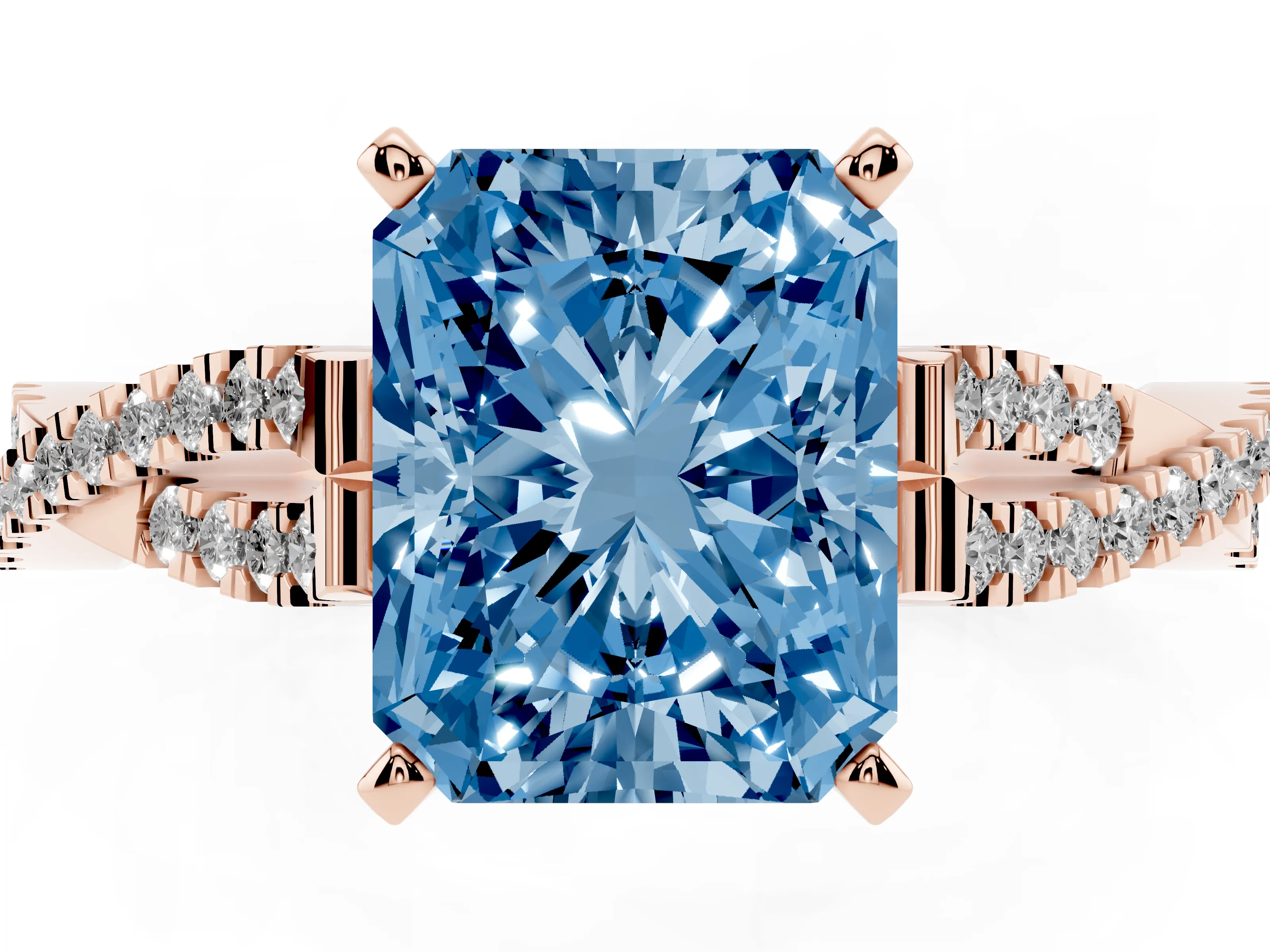 Fancy Blue Radiant Cut Diamond Solitaire Engagement Ring Set in Rose gold with Twisted Pavé Band and Prong Setting