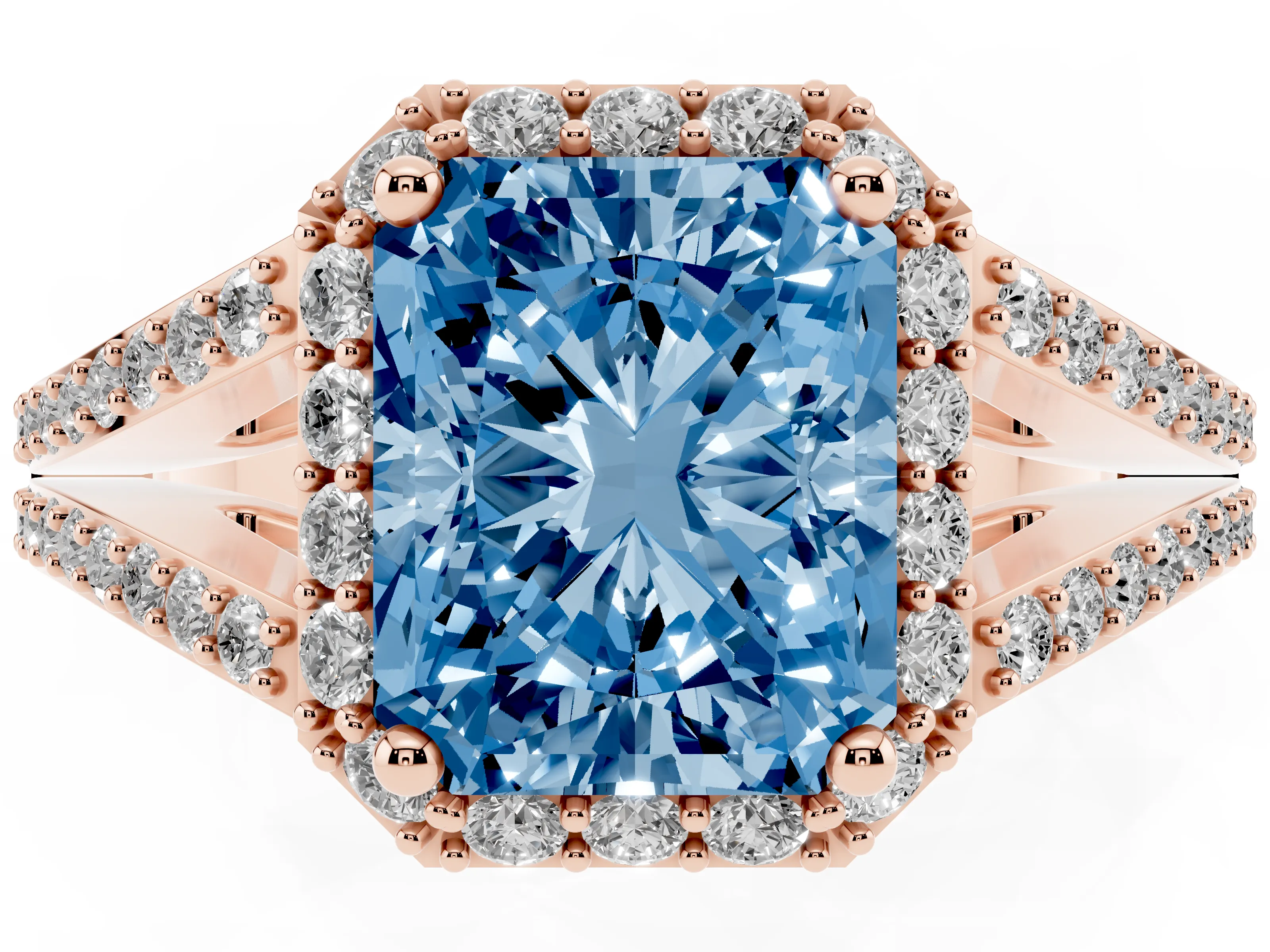 Fancy Blue Radiant Cut Diamond Halo Split Shank Pavé Ring Set in Rose gold with Prong Setting