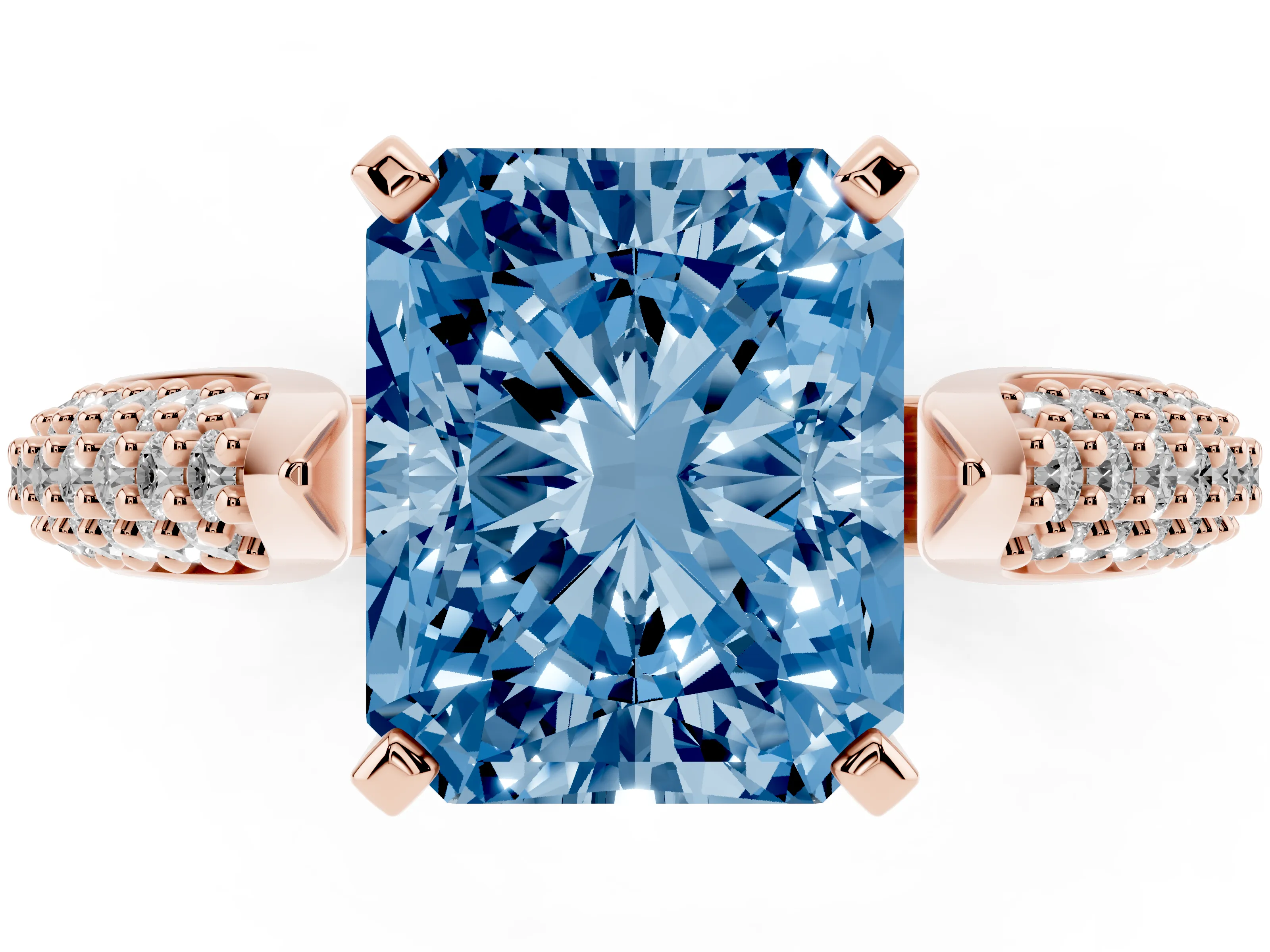 Fancy Blue Radiant Cut Diamond Solitaire Engagement Ring Set in Rose gold with Multi-Row Round Pavé Band and Prong Setting
