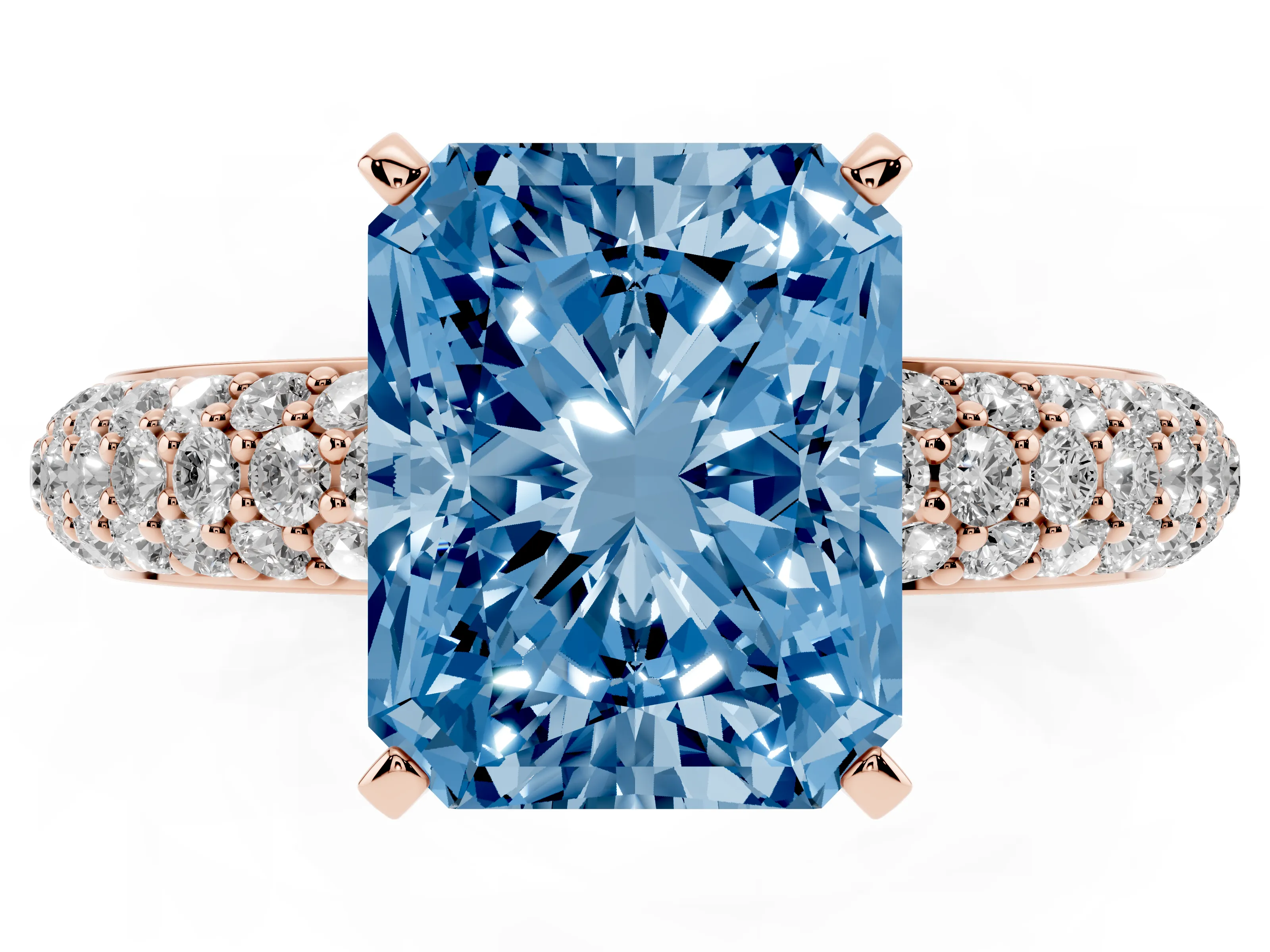 Fancy Blue Radiant Cut Diamond Solitaire Ring Set in Rose gold with Prong Setting and Pavé-Set Band