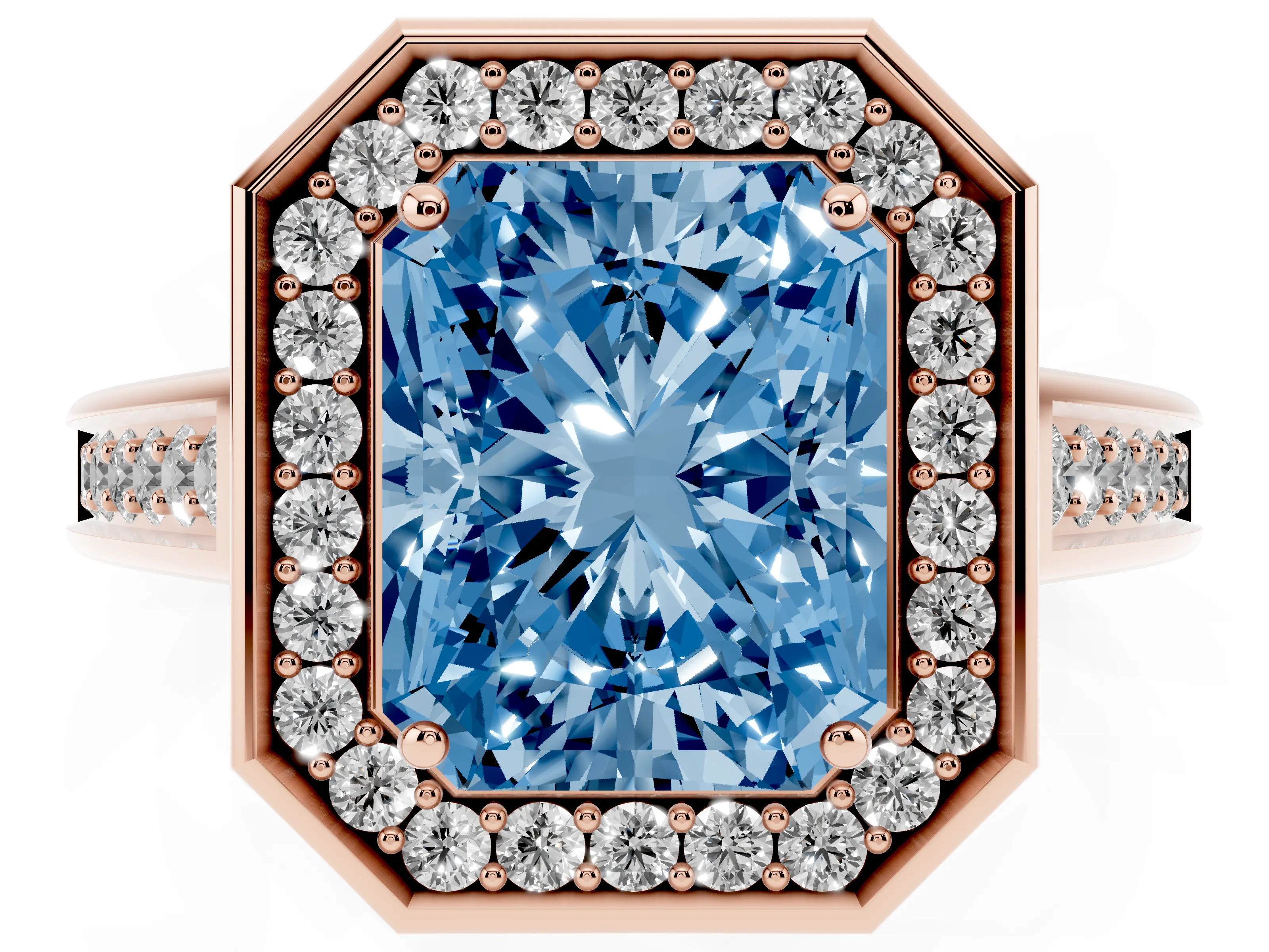 Fancy Blue Radiant Cut Diamond Halo Solitaire Ring Set in Rose gold with Pavé Band and Bezel Setting