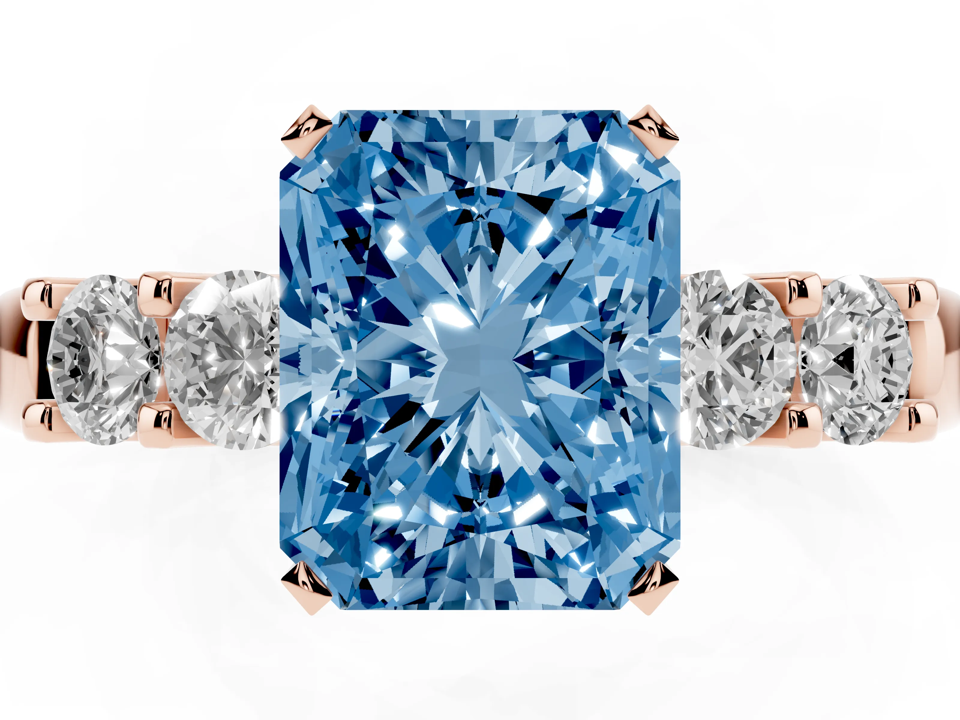 Fancy Blue Radiant Cut Diamond Five-Stone Prong Set Engagement Ring Set in Rose gold with Channel Band