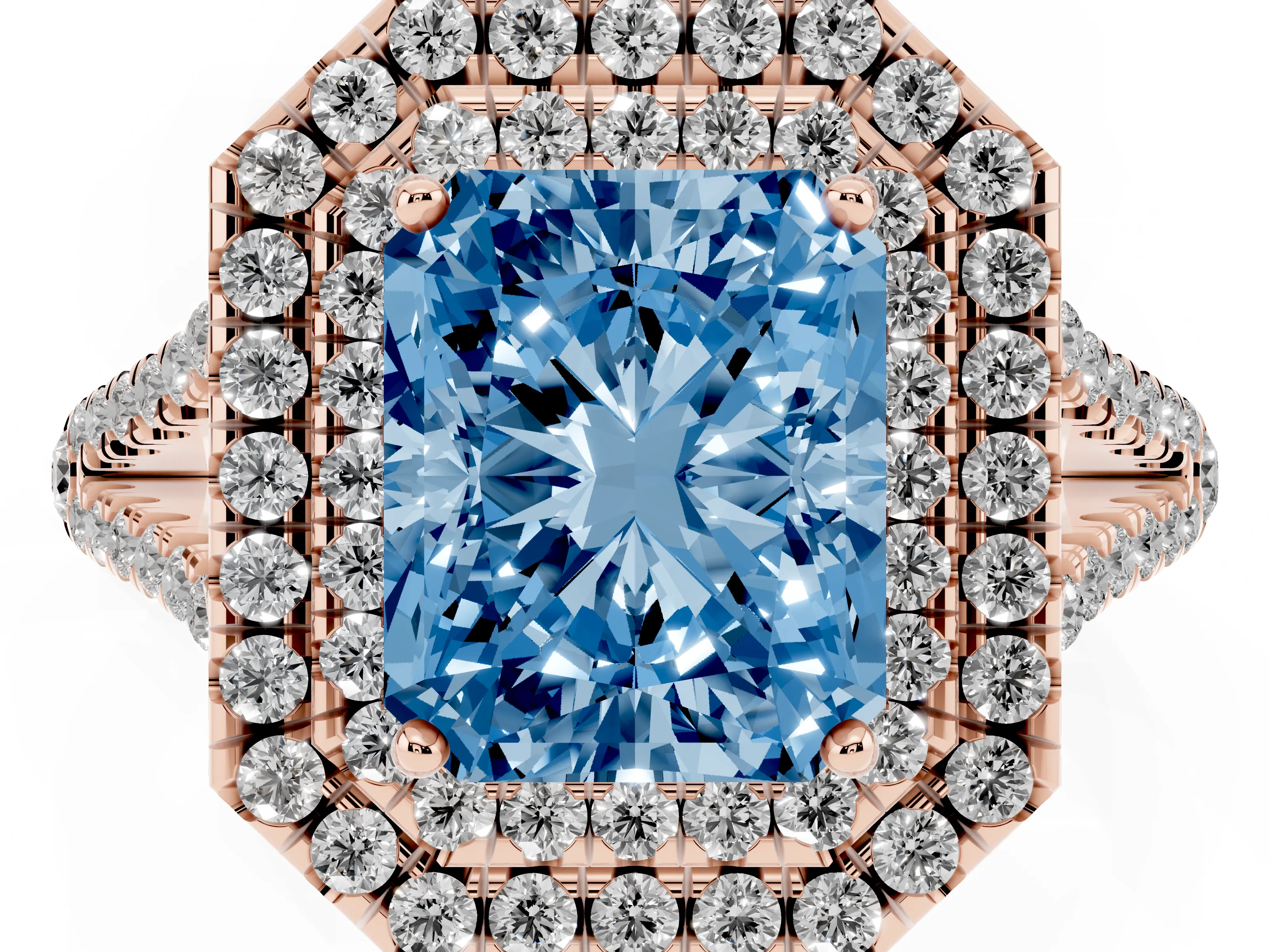Fancy Blue Radiant Cut Diamond Double Halo Ring Set in Rose gold with Pavé Band
