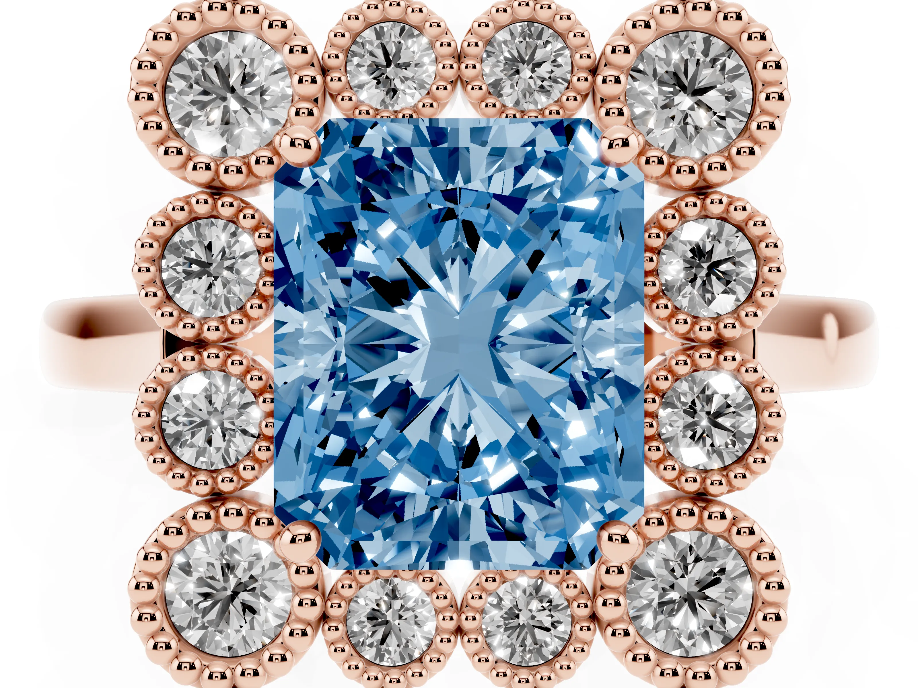 Fancy Blue Radiant Cut Diamond Cluster Halo Ring Set in Rose gold with Milgrain Bezel Accents and Plain Band