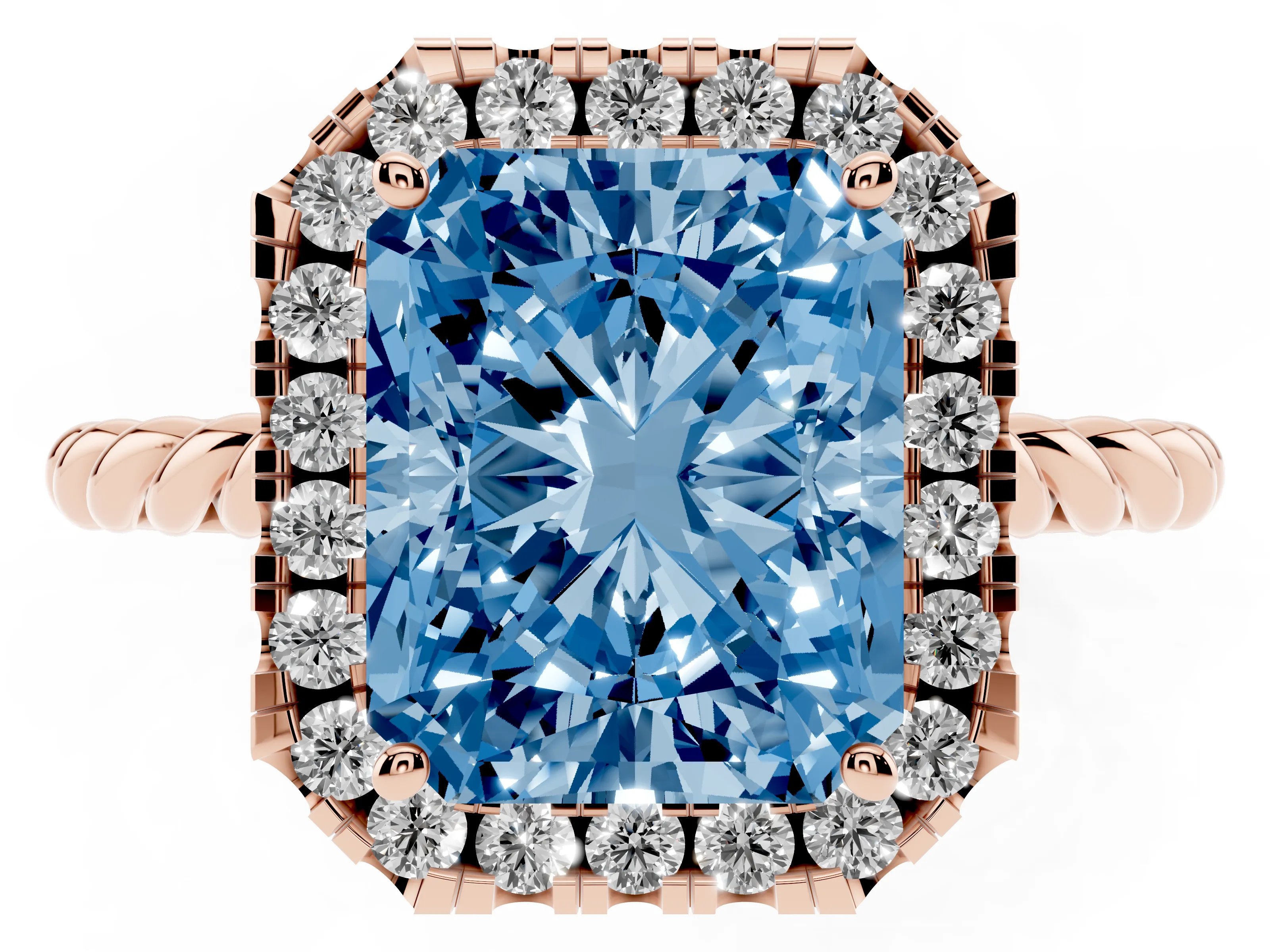 Fancy Blue Radiant Cut Diamond Halo Ring Set in Rose gold with Plain Twisted Band