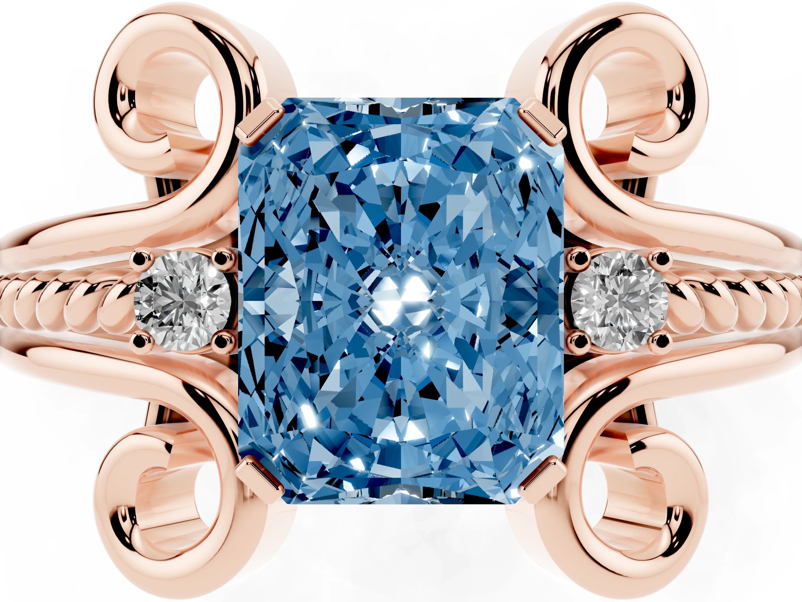 Fancy Blue Radiant Cut Diamond Twisted Band Solitaire Ring Set in Rose gold with Scroll Prongs