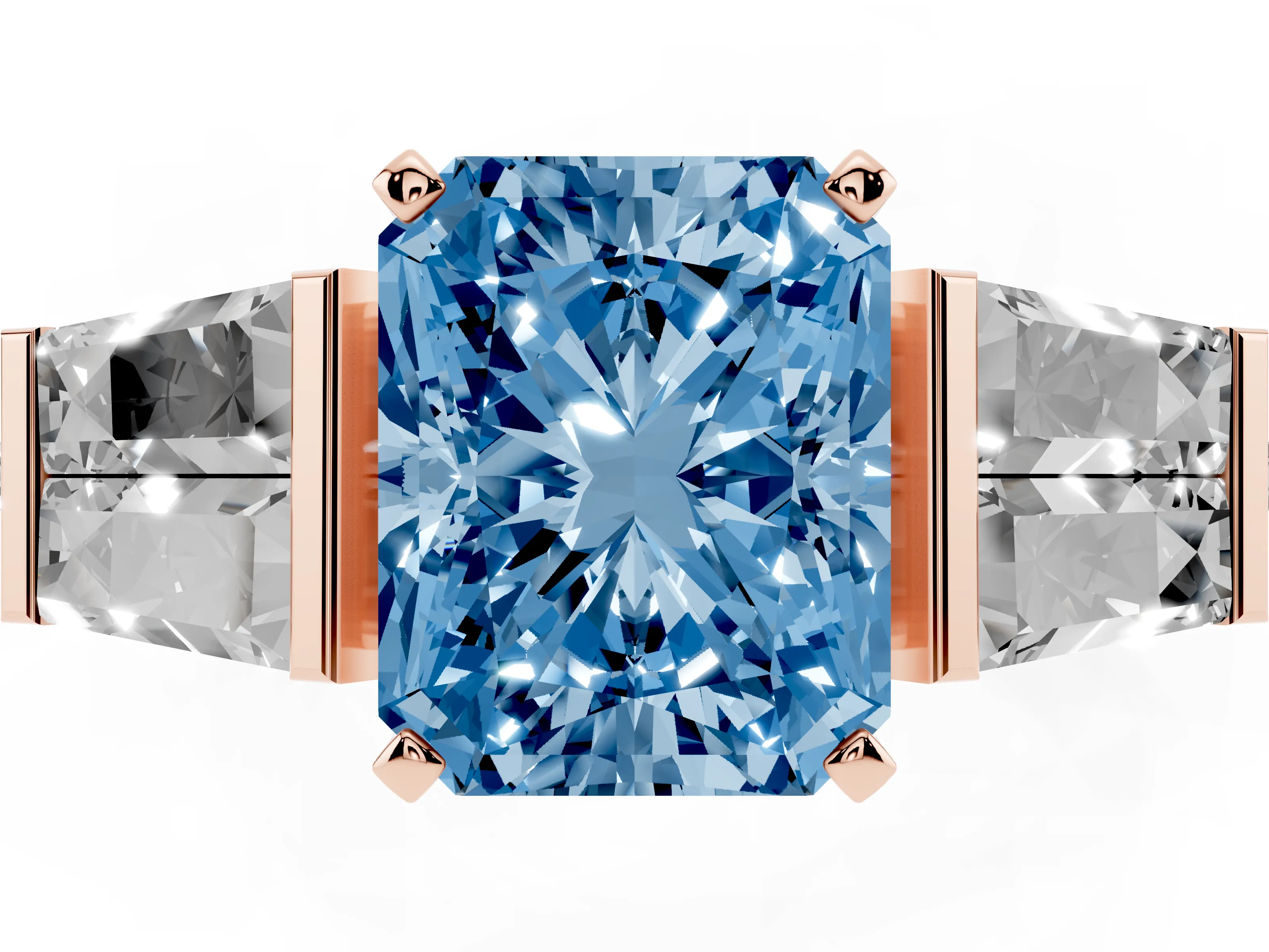 Fancy Blue Radiant Cut Diamond Engagement Ring Set in Rose gold with Baguette Side Stones and Channel Set Band