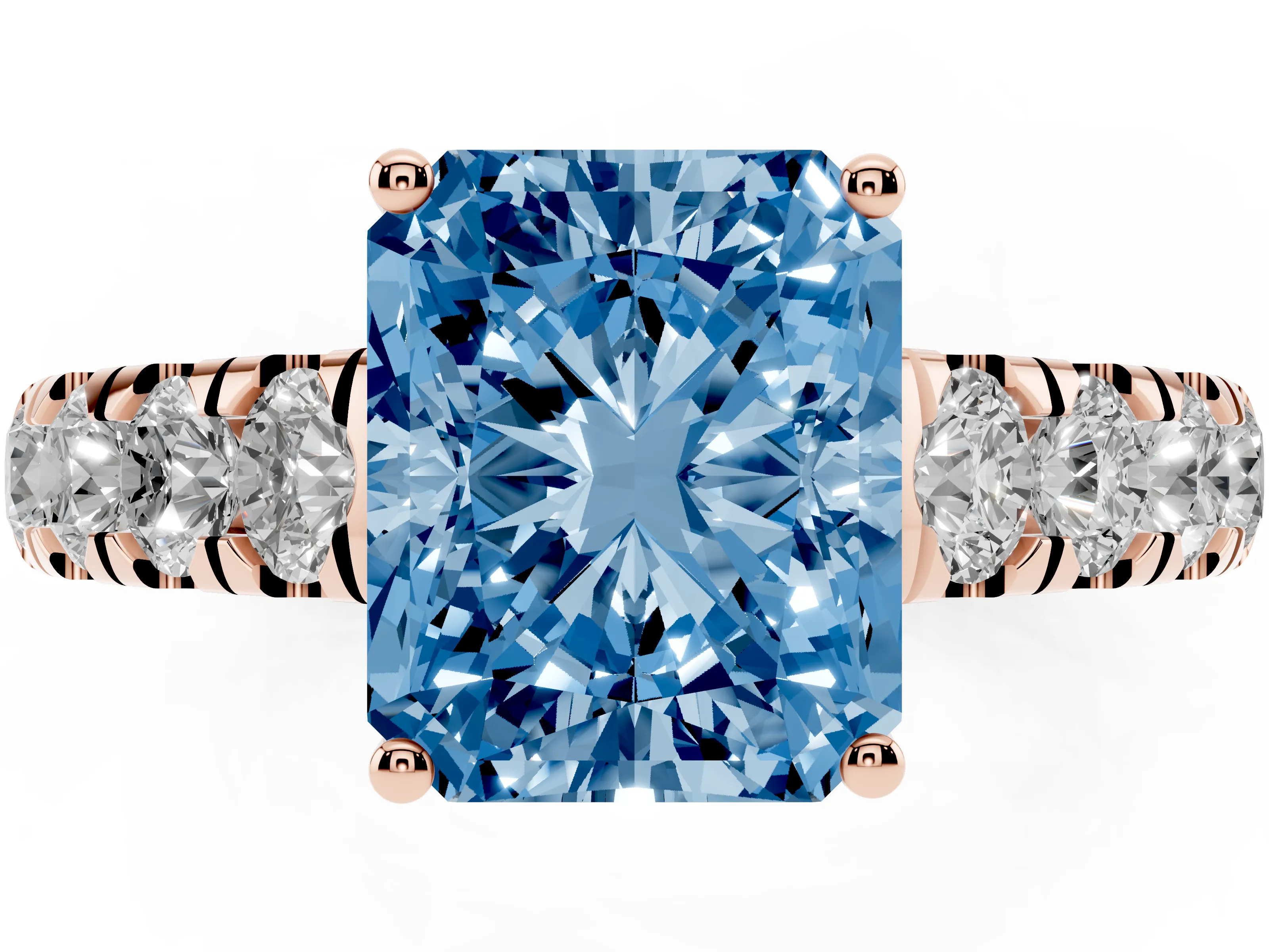 Fancy Blue Radiant Cut Diamond Solitaire Ring Set in Rose gold with Cut-Down Micro Pavé Band and Prong Setting