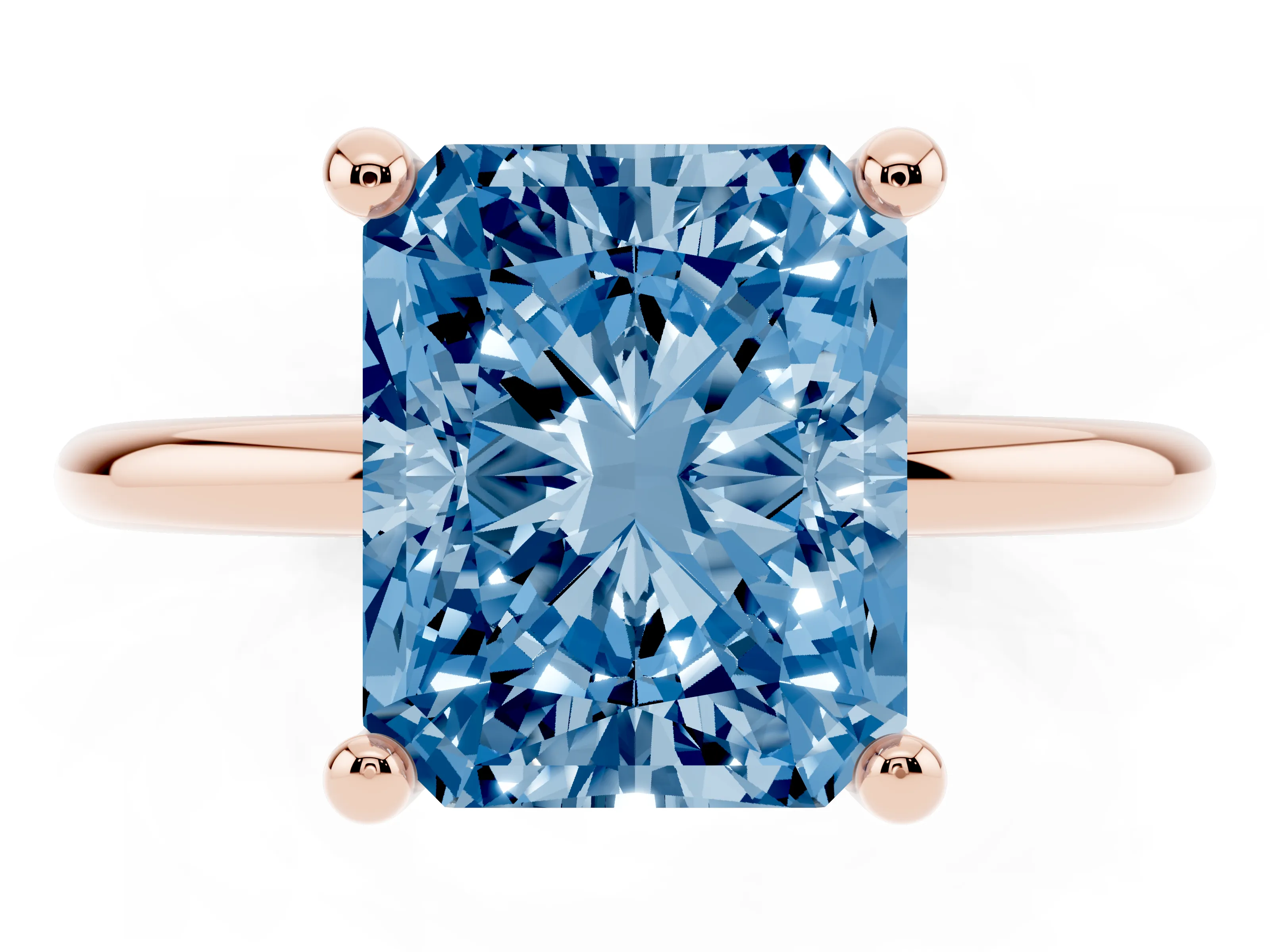 Fancy Blue Radiant Cut Diamond Solitaire Ring Set in Rose gold with Secure Prong Setting on a Classic Band