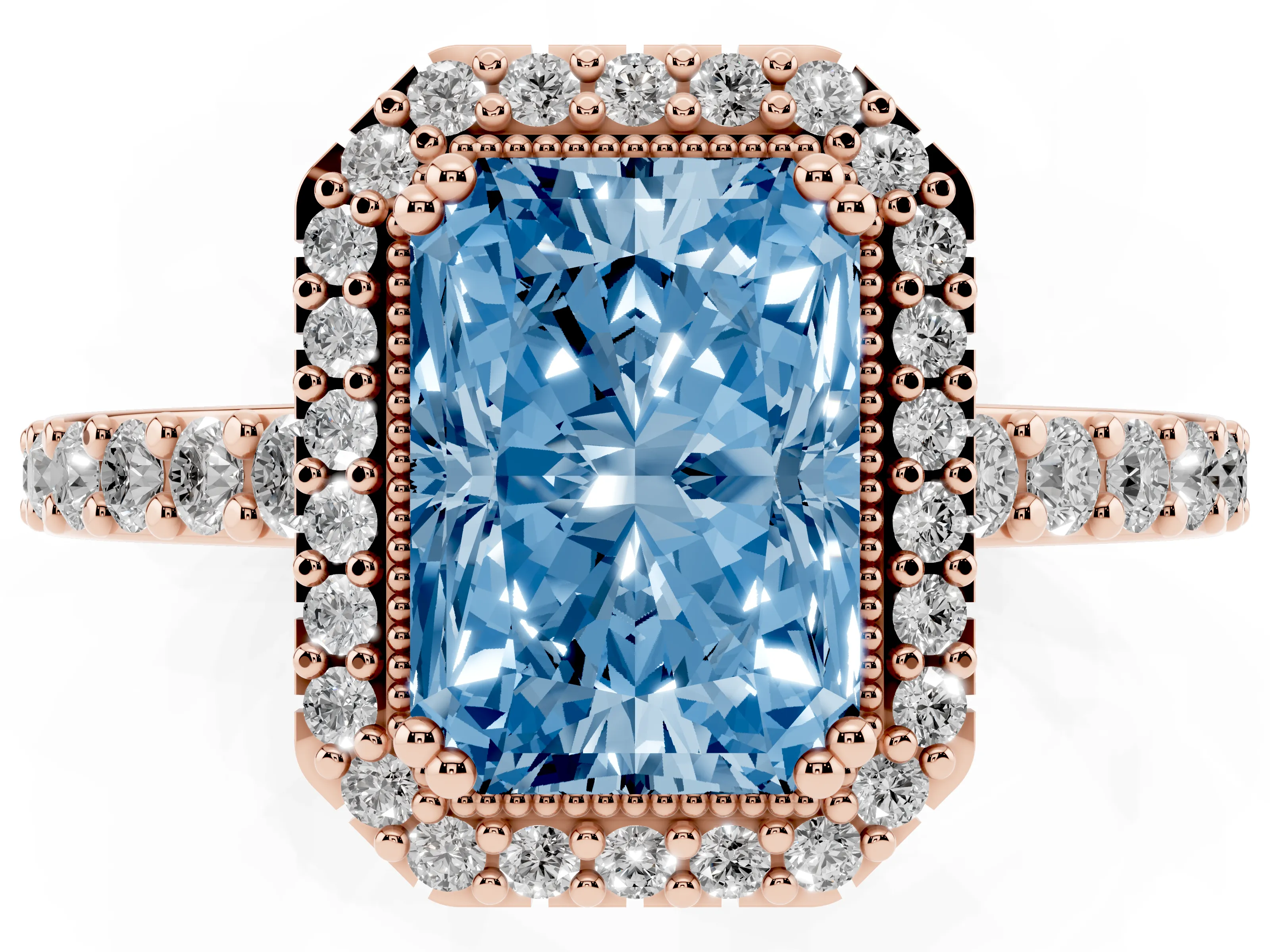 Fancy Blue Radiant Cut Diamond Halo Engagement Ring Set in Rose gold with Milgrain Detail and Pavé Band