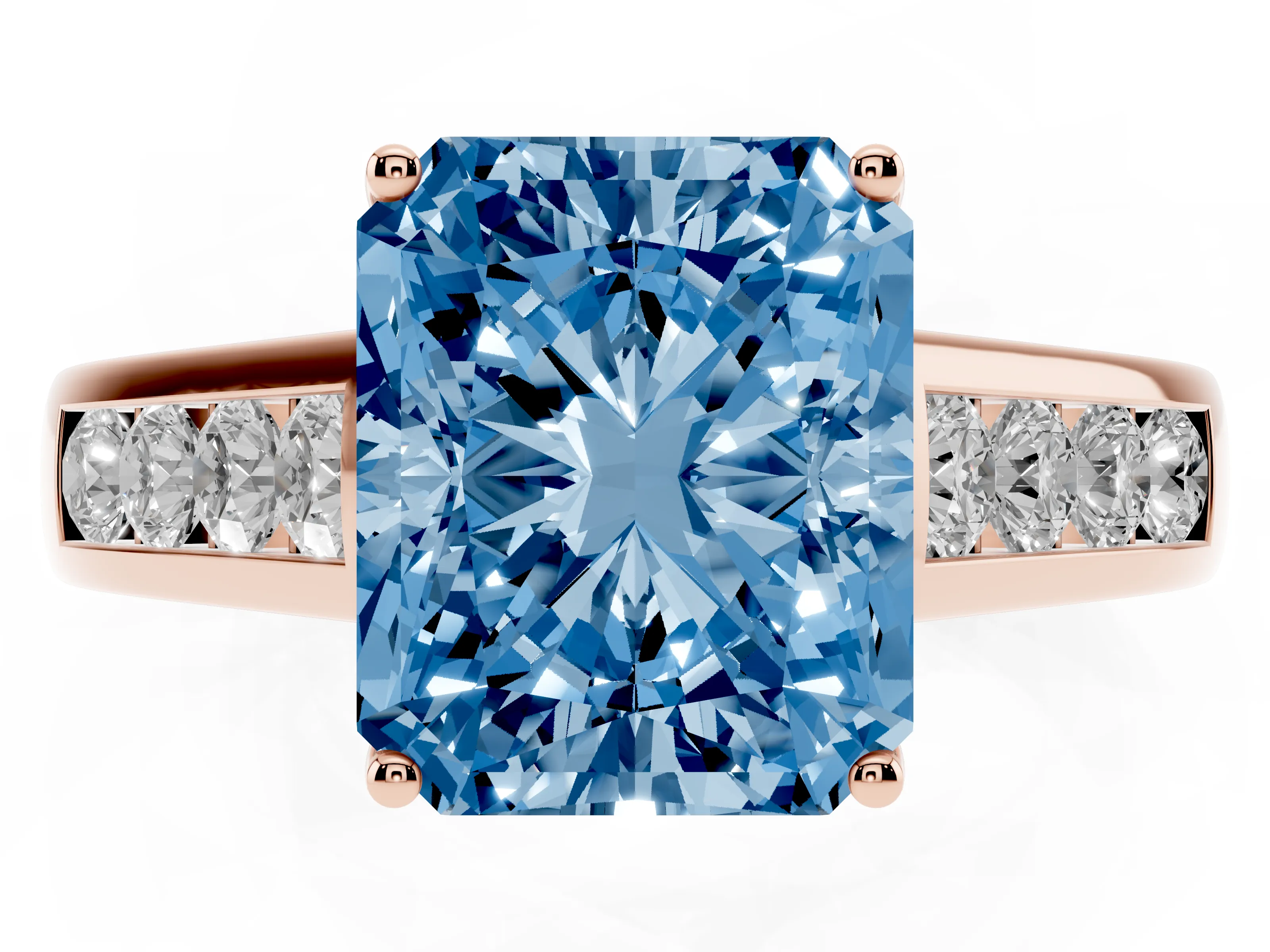 Fancy Blue Radiant Cut Diamond Brilliant Channel-Set Solitaire Ring Set in Rose gold with Prong Setting