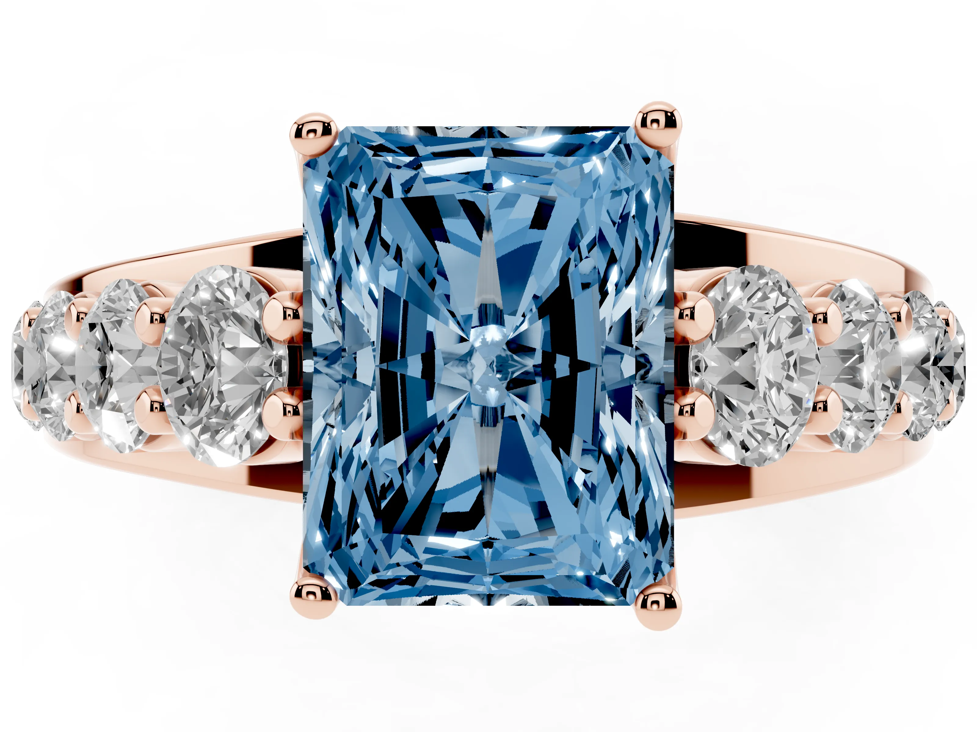 Fancy Blue Radiant Cut Diamond Pavé Engagement Ring Set in Rose gold with Prong Setting