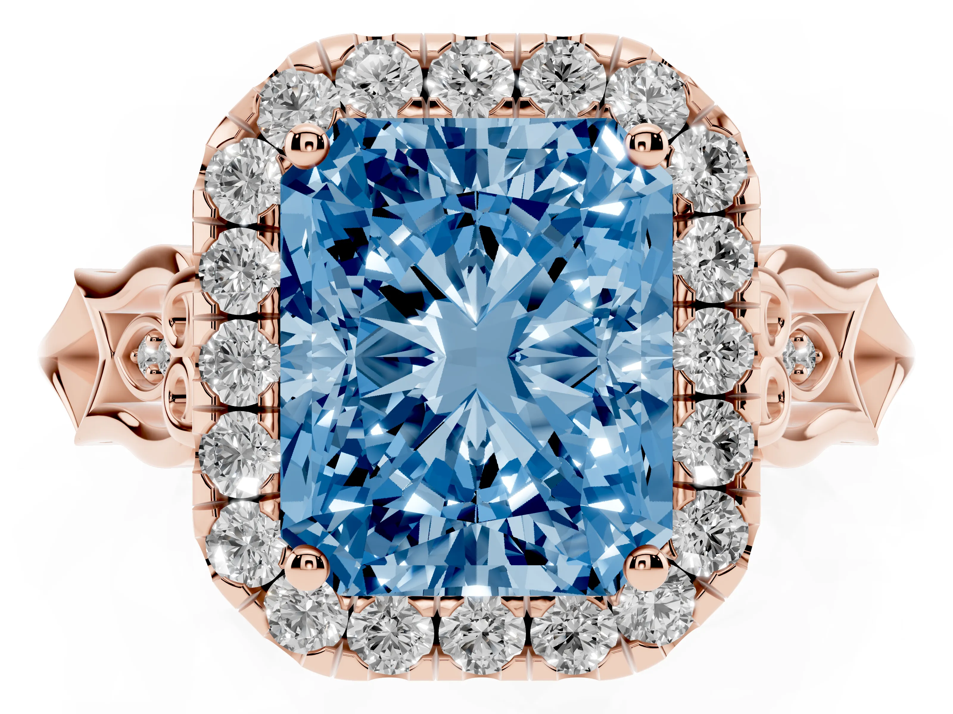 Fancy Blue Radiant Cut Diamond Halo Engagement Ring Set in Rose gold with Filigree Band and Prong-Set Center