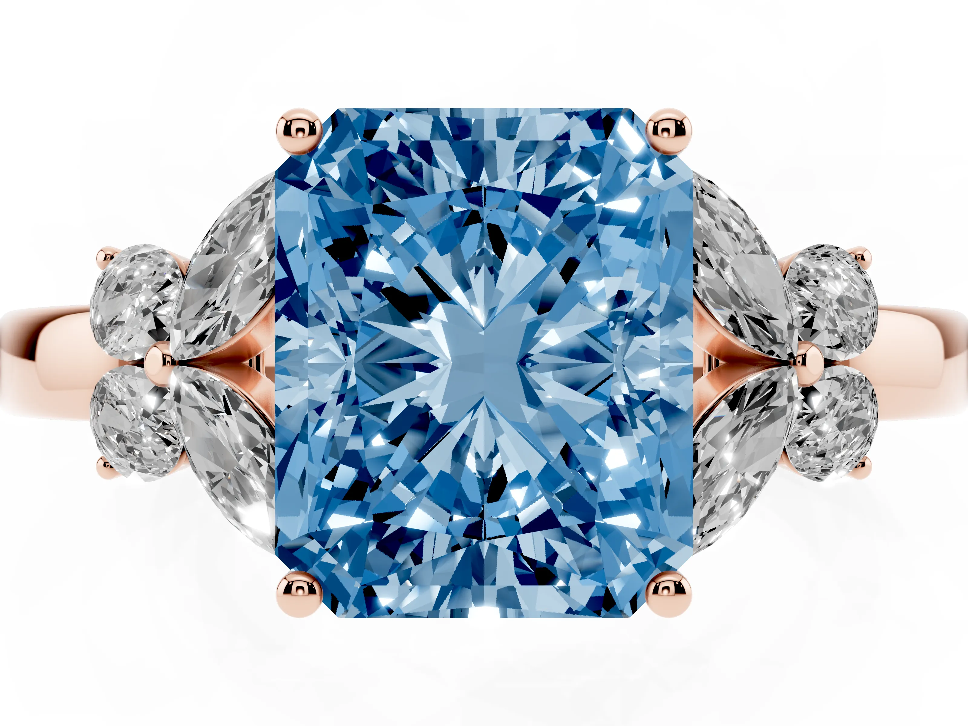 Fancy Blue Radiant Cut Diamond Solitaire Floral Ring Set in Rose gold with Marquise Petals and Prong Setting