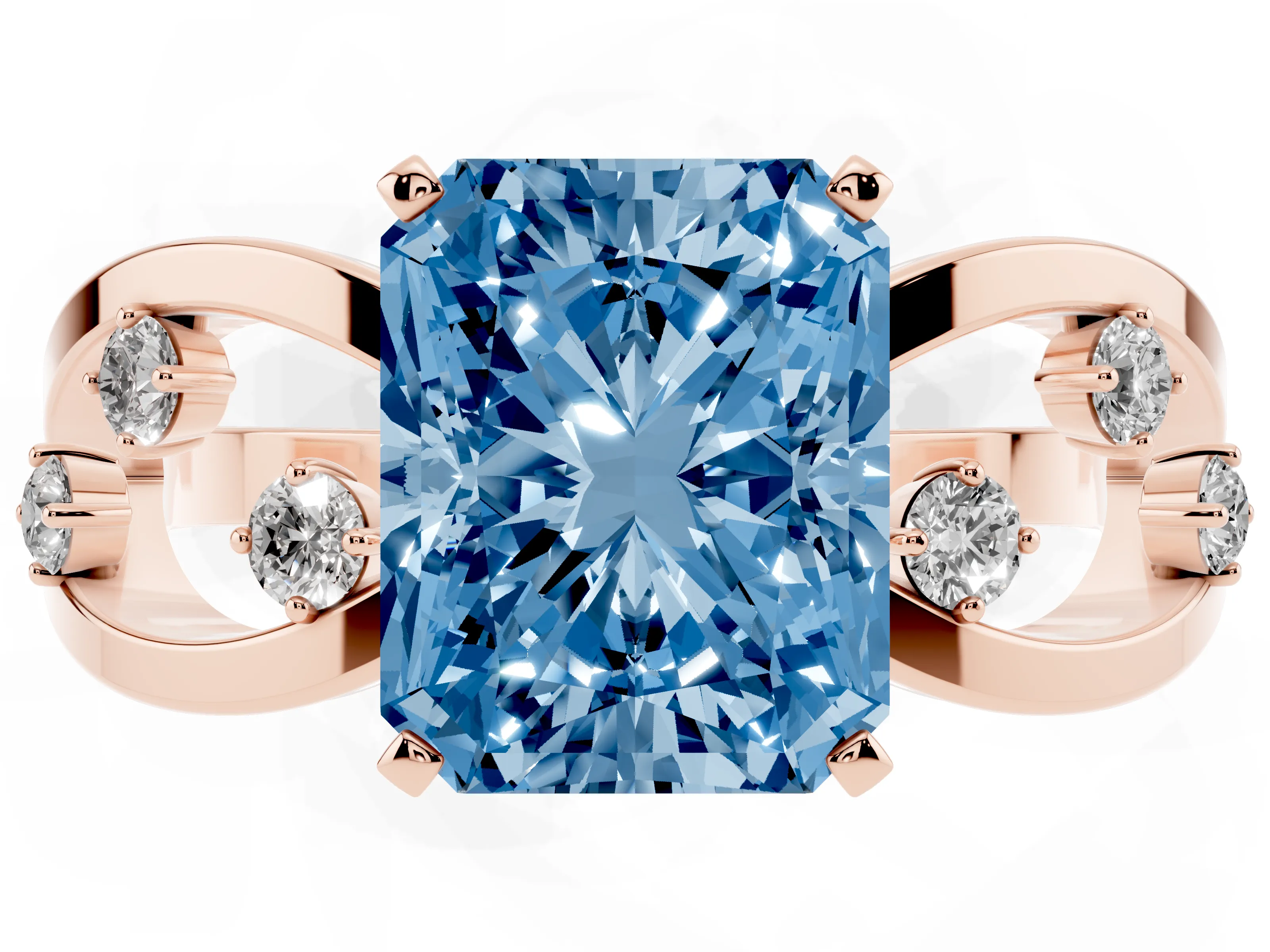 Fancy Blue Radiant Cut Diamond Solitaire Ring Set in Rose gold with Side Stones on Criss-Cross Band and Prong Setting