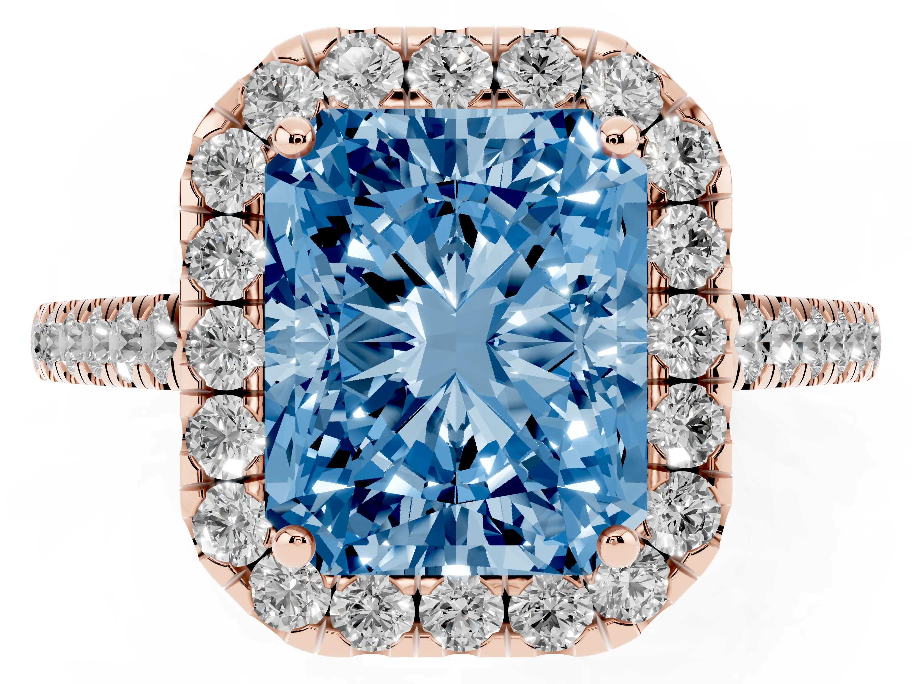 Fancy Blue Radiant Cut Diamond Halo Pavé Engagement Ring Set in Rose gold with Prong Setting