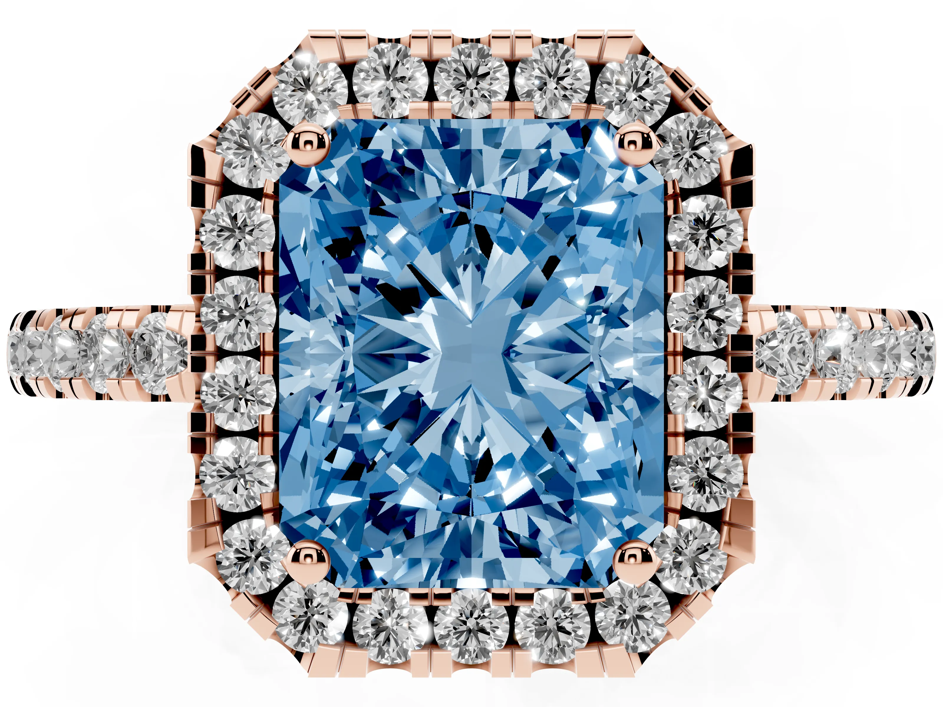 Fancy Blue Radiant Cut Diamond Pavé Band Halo Engagement Ring Set in Rose gold with Prong Setting