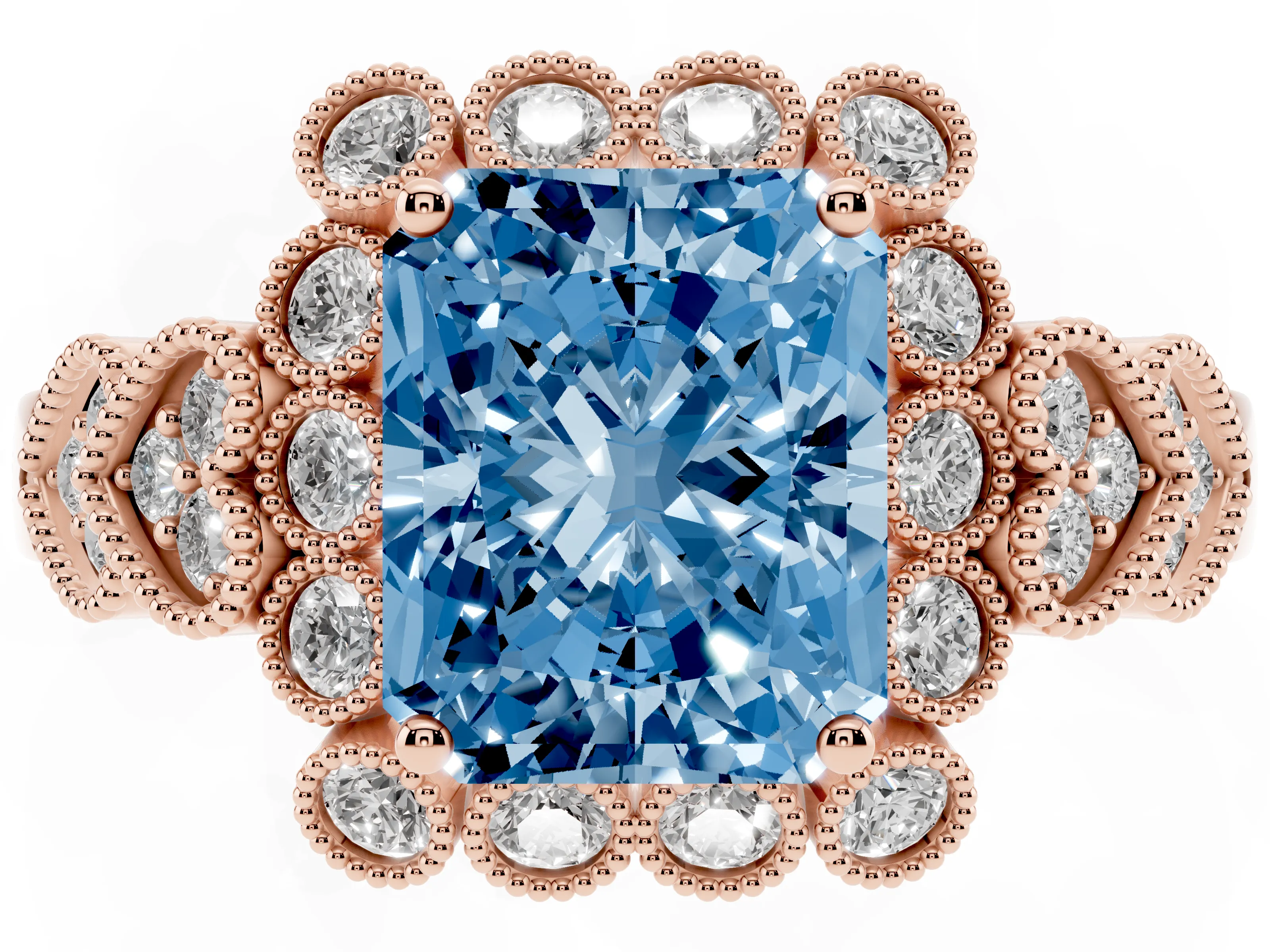 Fancy Blue Radiant Cut Diamond Solitaire Ring Set in Rose gold with Milgrain Pavé Heart Band