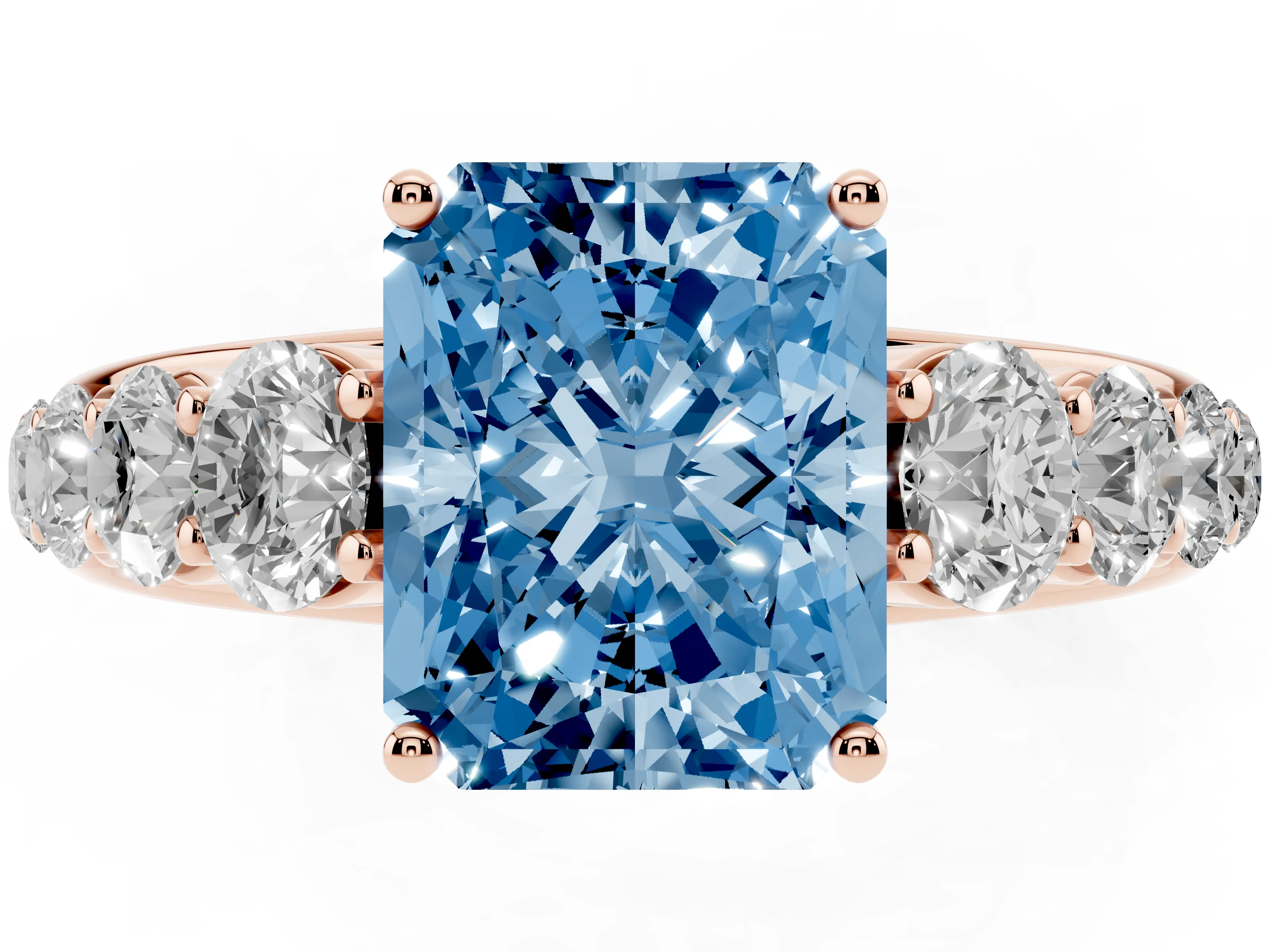 Fancy Blue Radiant Cut Diamond Solitaire Ring Set in Rose gold with Pavé-Set Band and Prong Setting
