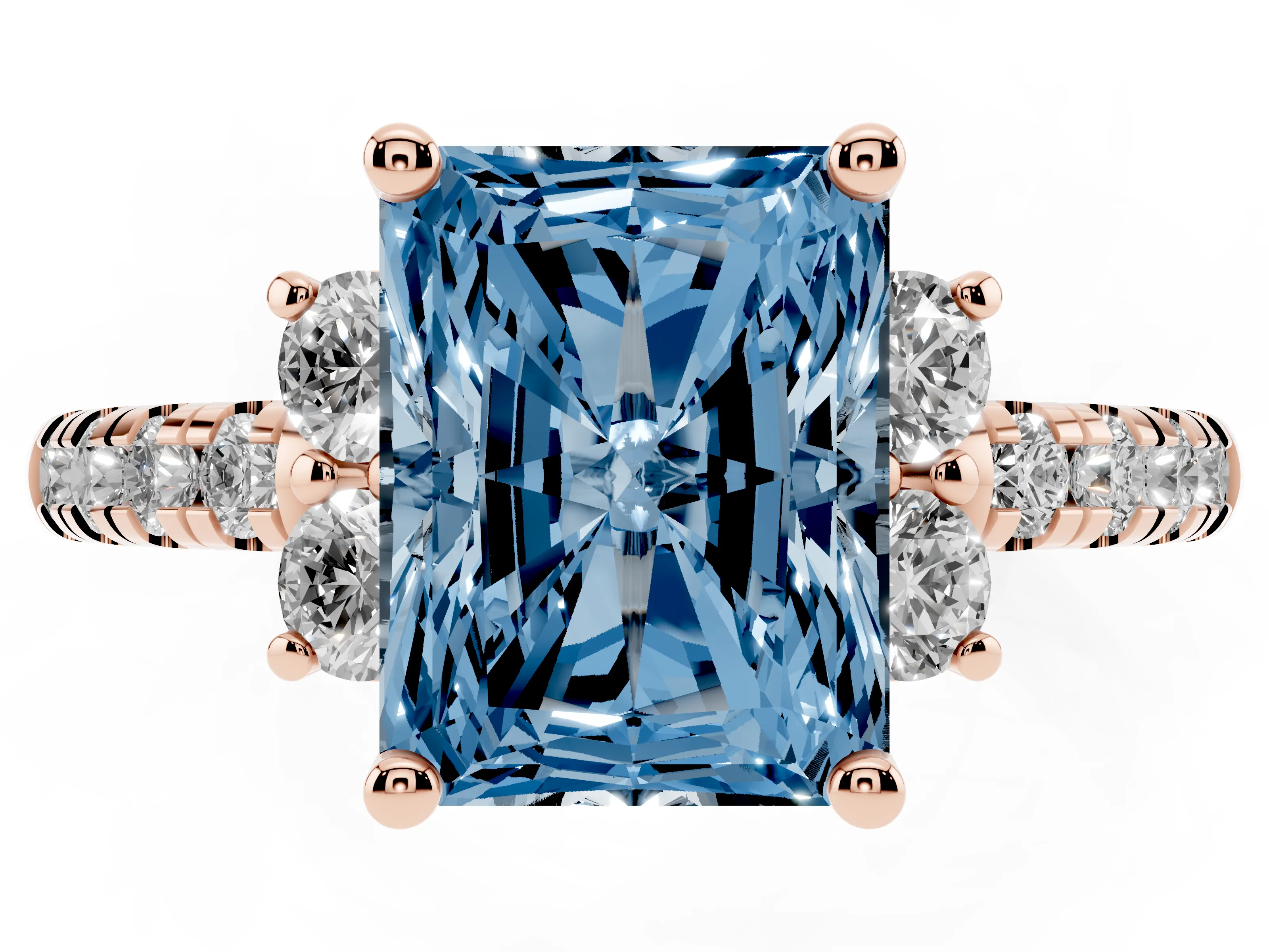 Fancy Blue Radiant Cut Diamond Three-Stone Pavé Ring Set in Rose gold with Prong Setting