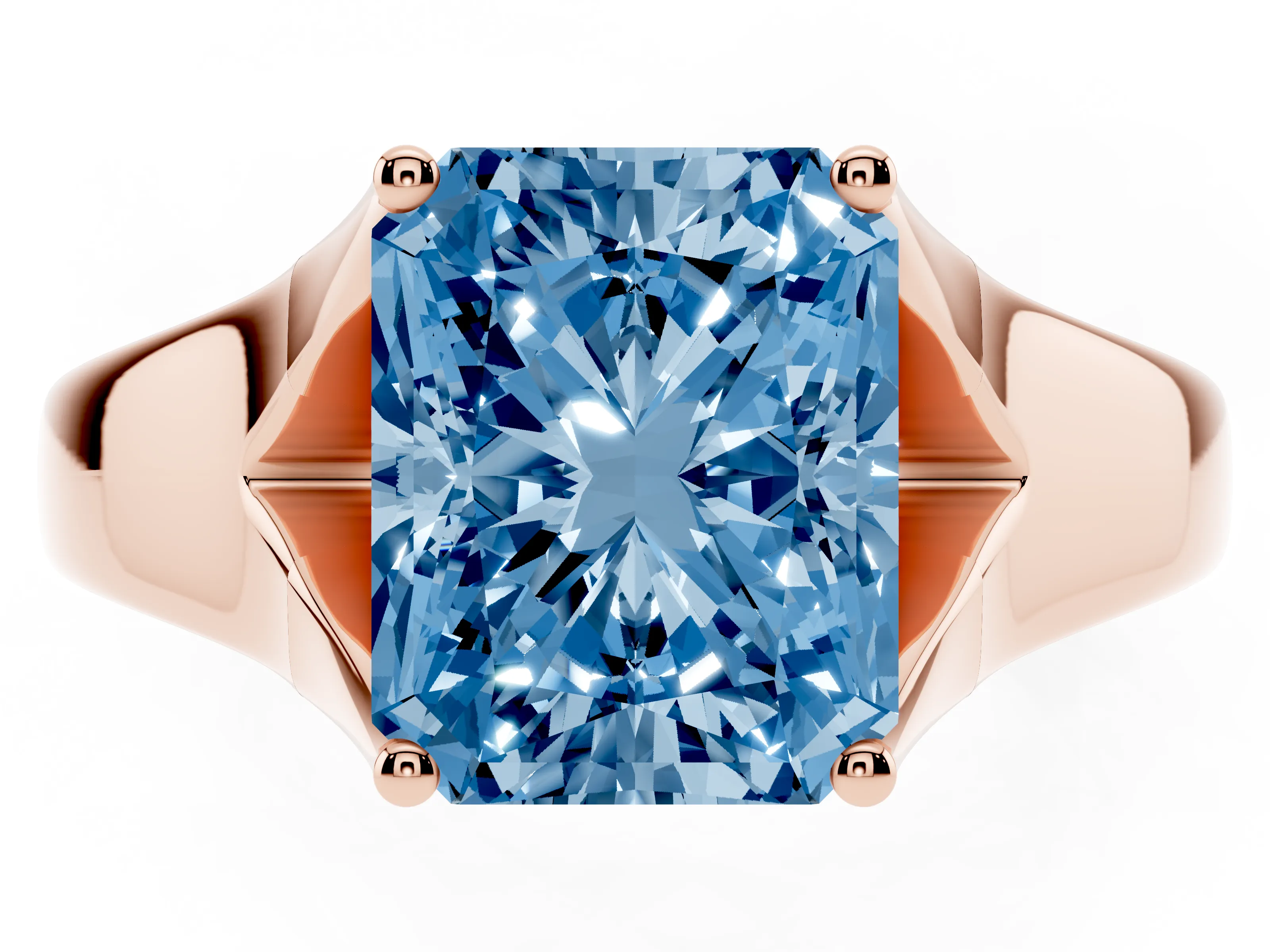 Fancy Blue Radiant Cut Diamond Solitaire Ring Set in Rose gold with Arched Cathedral Band and Prong Setting