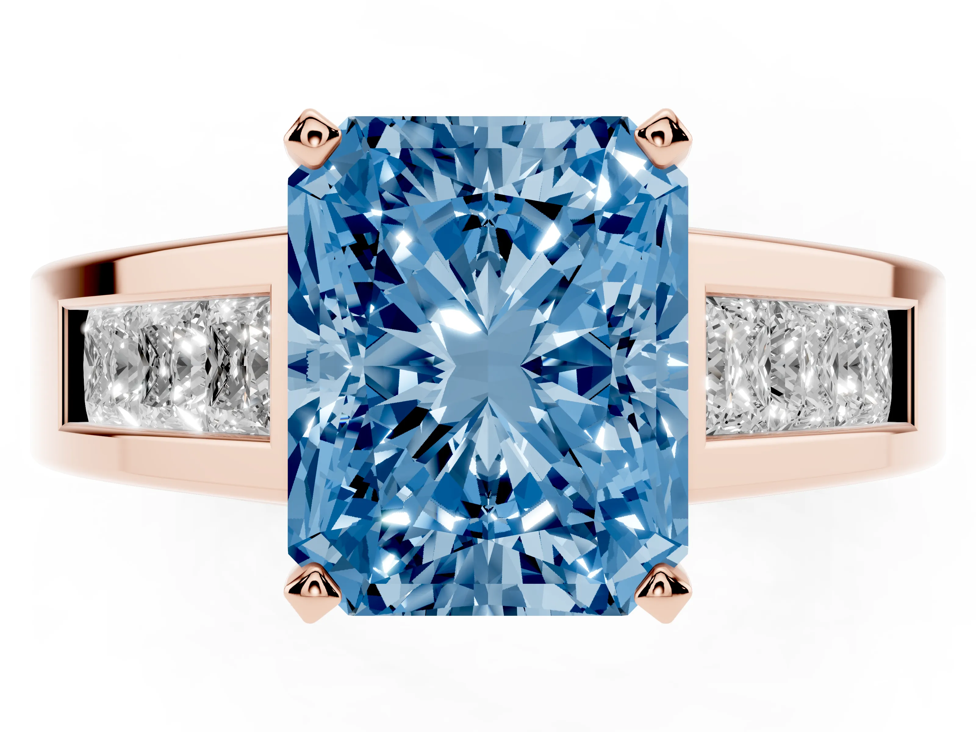 Fancy Blue Radiant Cut Diamond Solitaire Ring Set in Rose gold with Channel-Set Accent Stones and Prong Setting