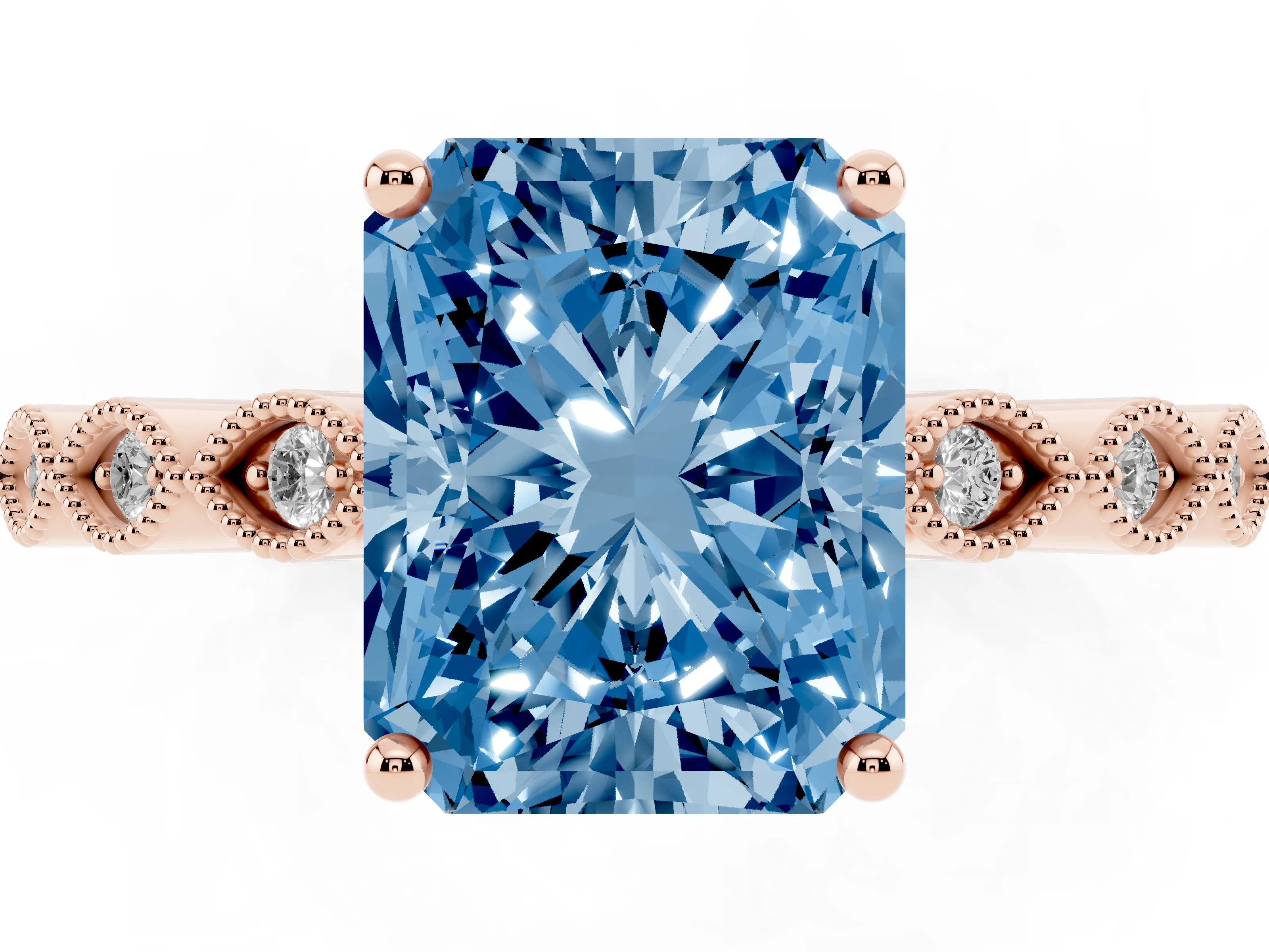 Fancy Blue Radiant Cut Diamond Solitaire Ring Set in Rose gold with Infinity Twist Pavé Band