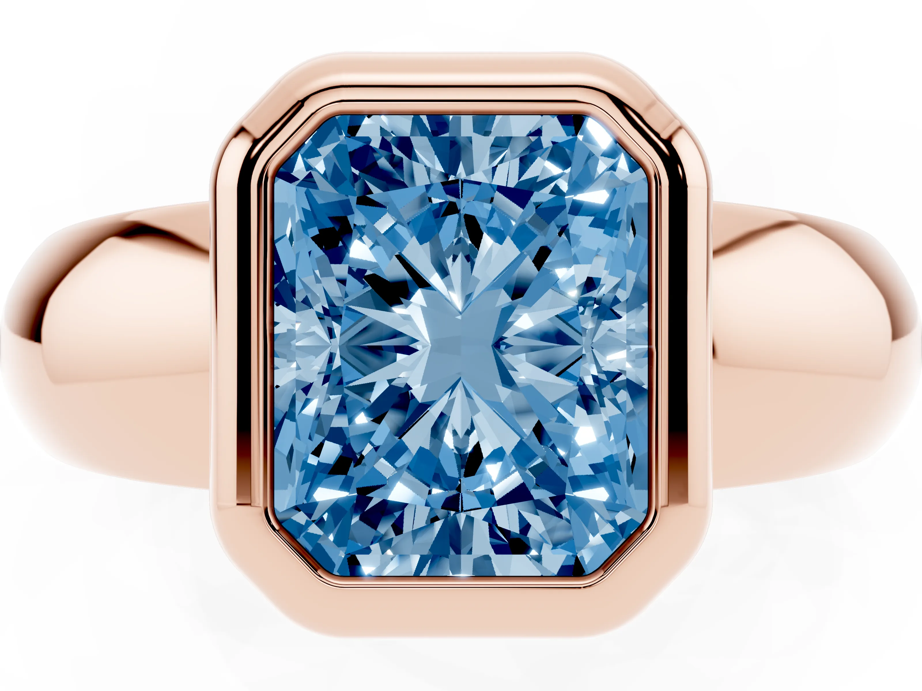 Fancy Blue Bezel Set Radiant Cut Diamond Solitaire Ring Set in Rose gold with Wide Band