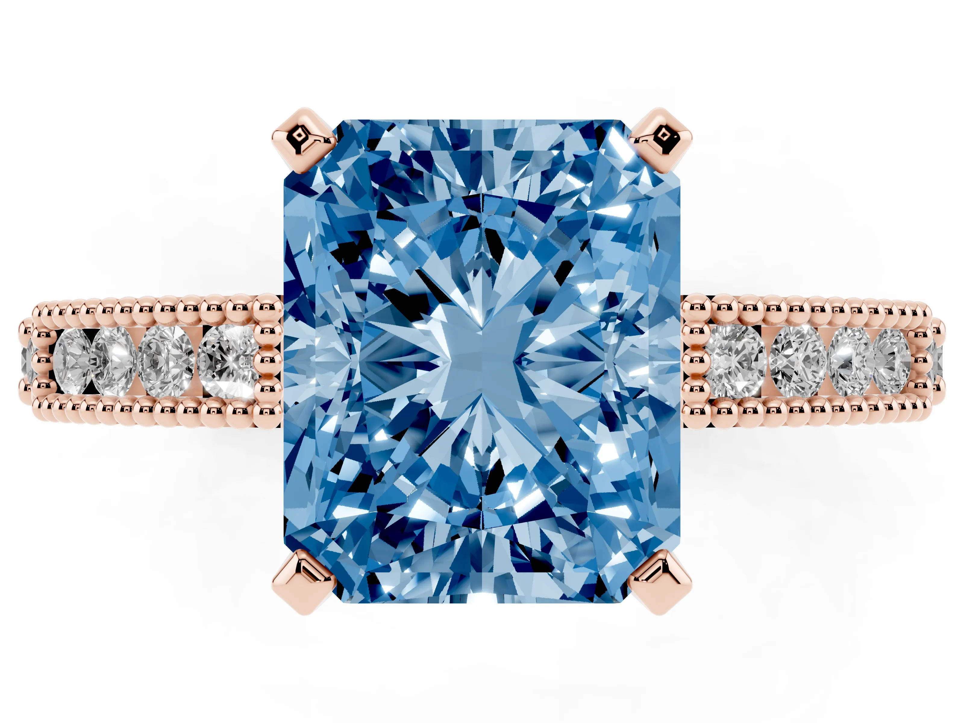 Fancy Blue Radiant Cut Diamond Solitaire Ring Set in Rose gold with Slim Pavé Band and Prong Setting