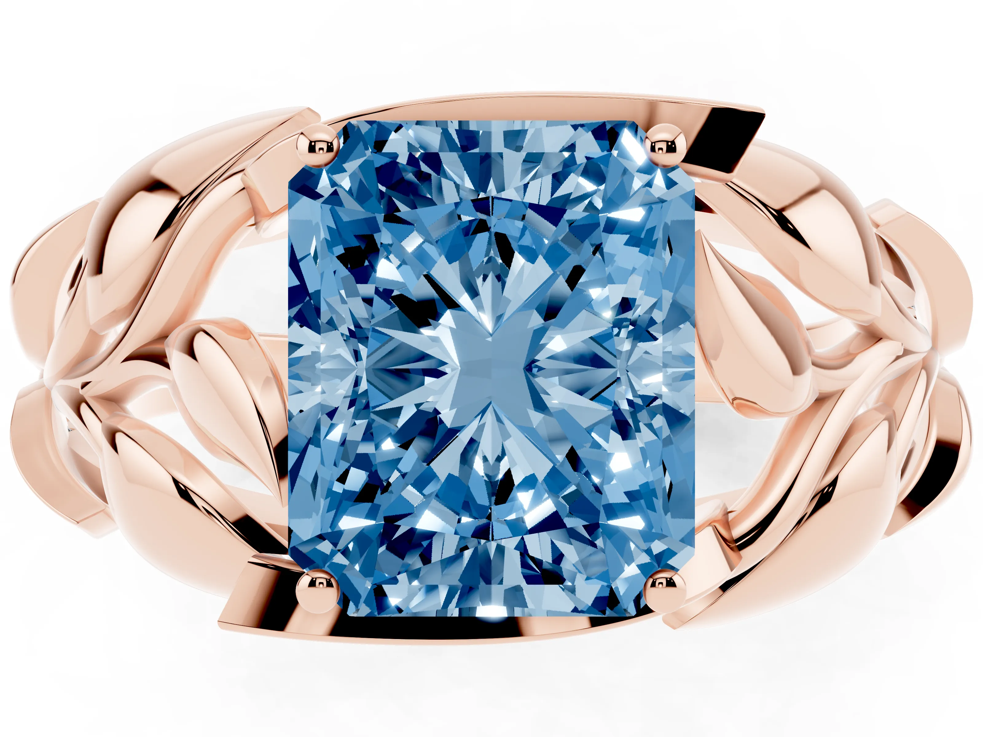 Fancy Blue Radiant Cut Diamond Leaf-Inspired Engagement Ring Set in Rose gold with Round Accents