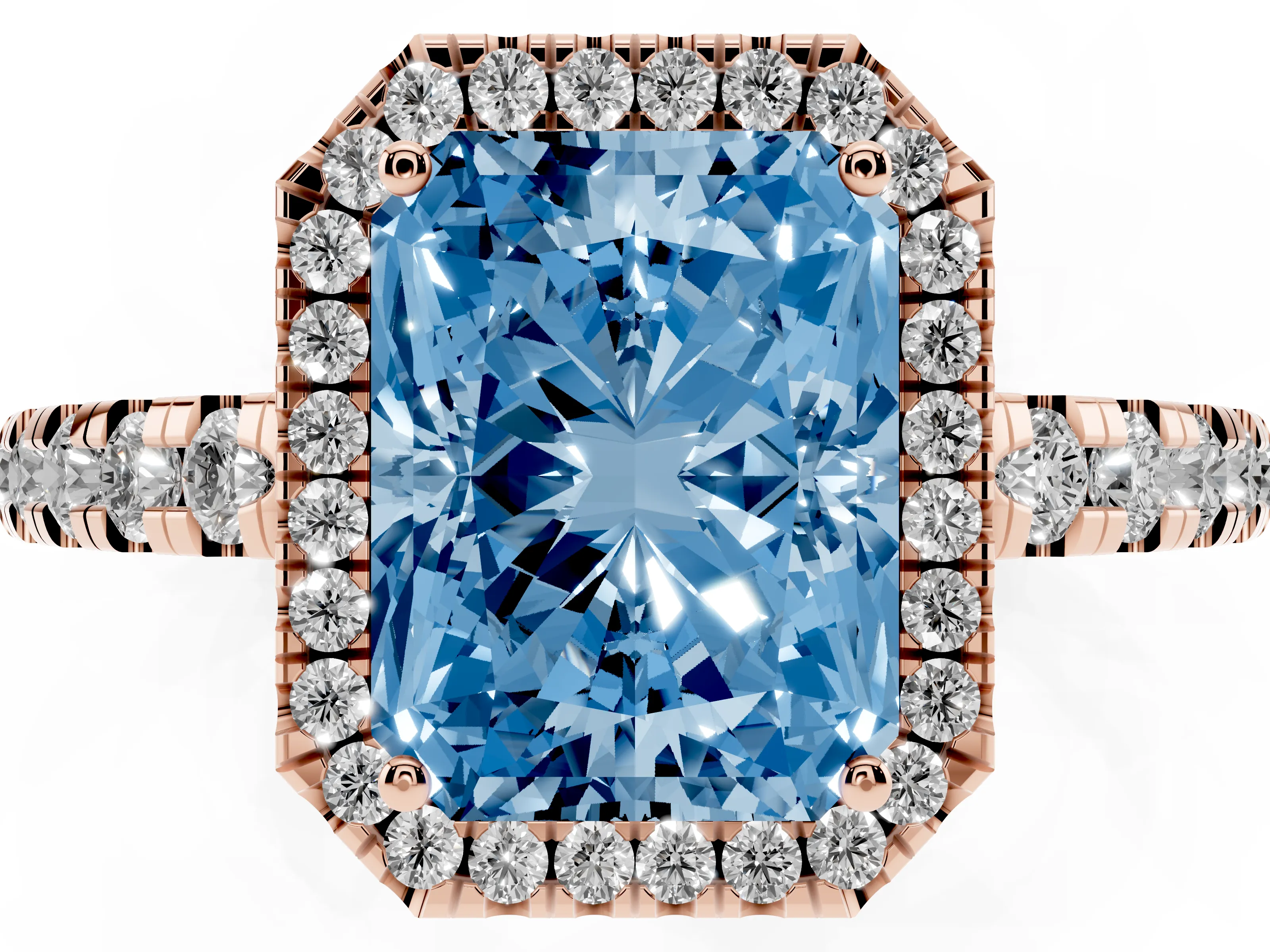 Fancy Blue Radiant Cut Diamond Halo Ring Set in Rose gold with Delicate Pavé Band and Prong Setting