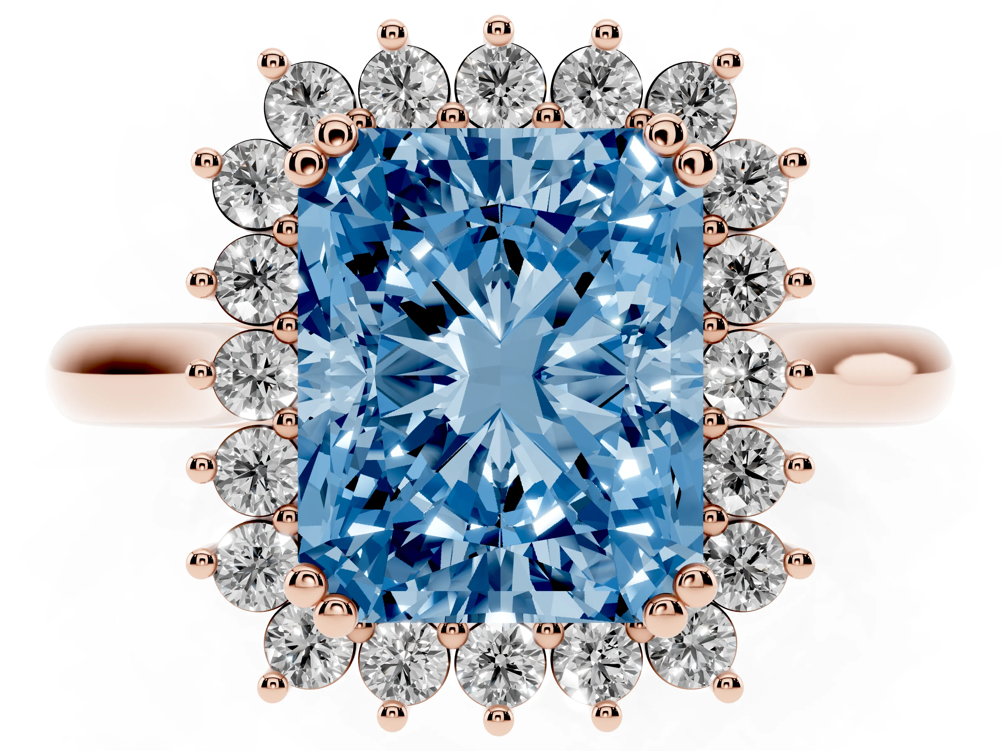 Fancy Blue Radiant Cut Diamond Halo Ring Set in Rose gold with Plain Solitaire Band and Prong Setting