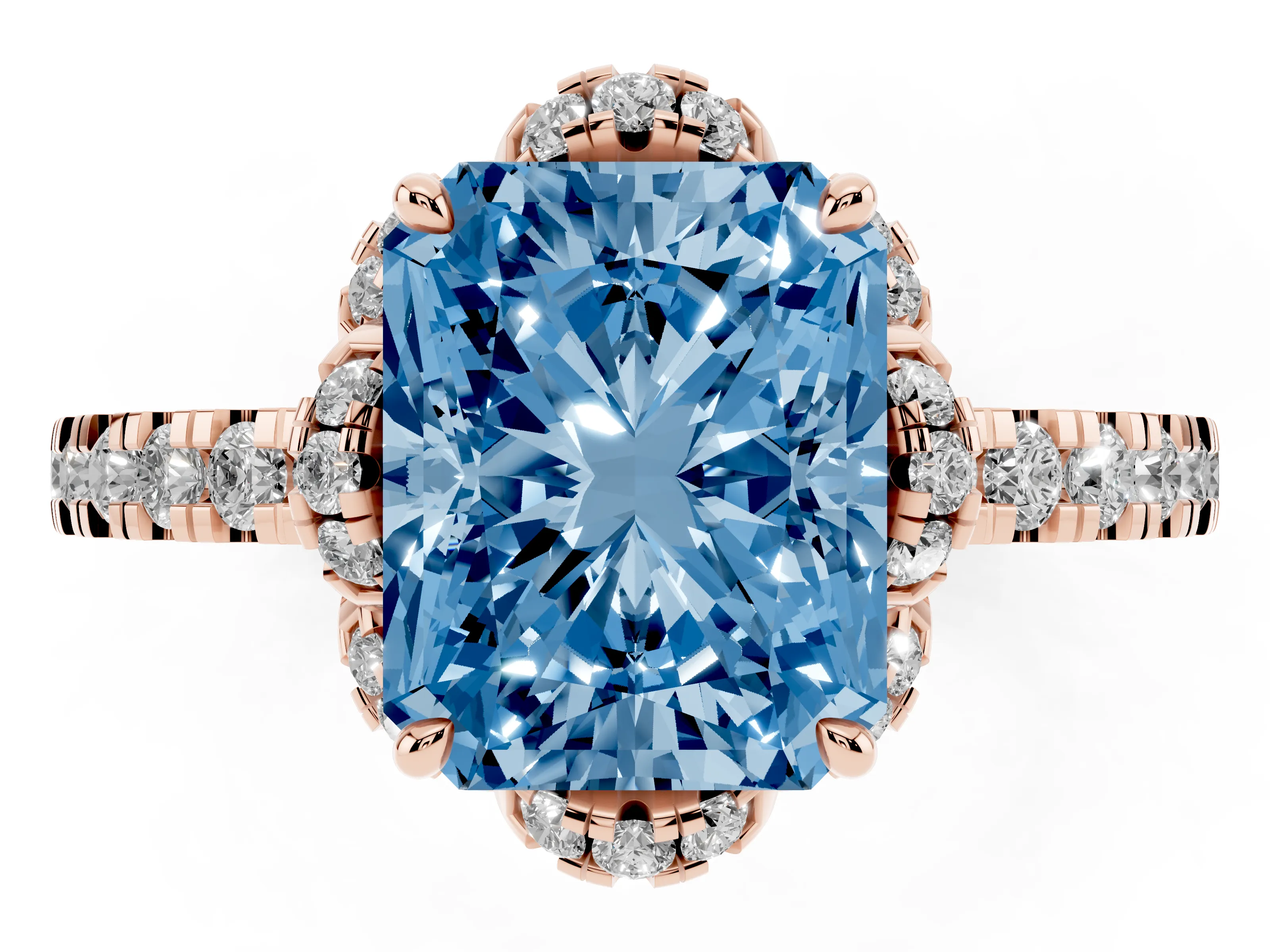 Fancy Blue Radiant Cut Diamond Halo Pavé Band Ring Set in Rose gold with Prong-Held Center