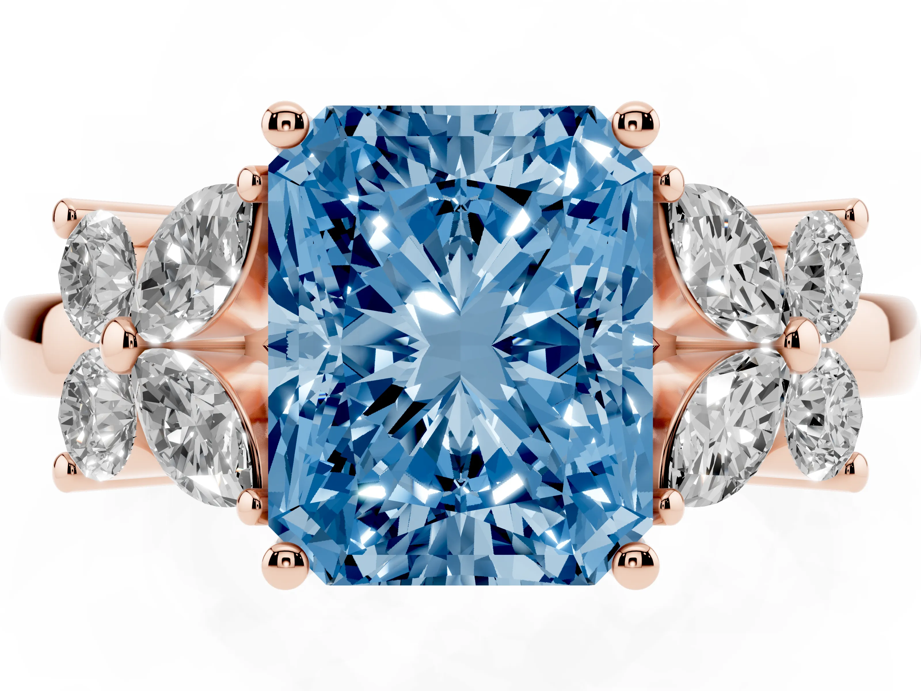 Fancy Blue Radiant Cut Diamond Floral Cluster Ring Set in Rose gold with Marquise Petals and Prong Setting