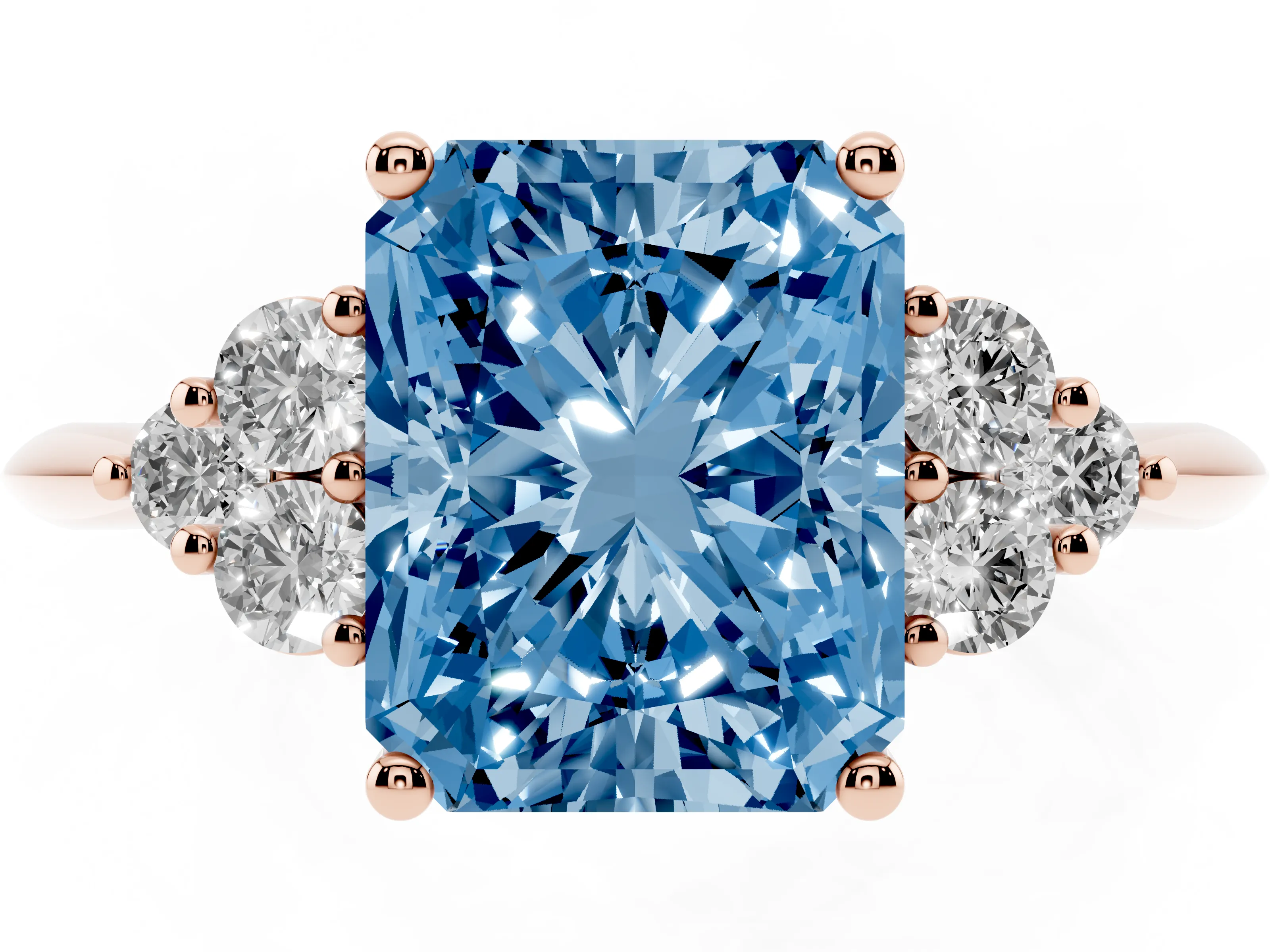 Fancy Blue Radiant Cut Diamond Cluster Ring Set in Rose gold with Plain Band and Prong Setting