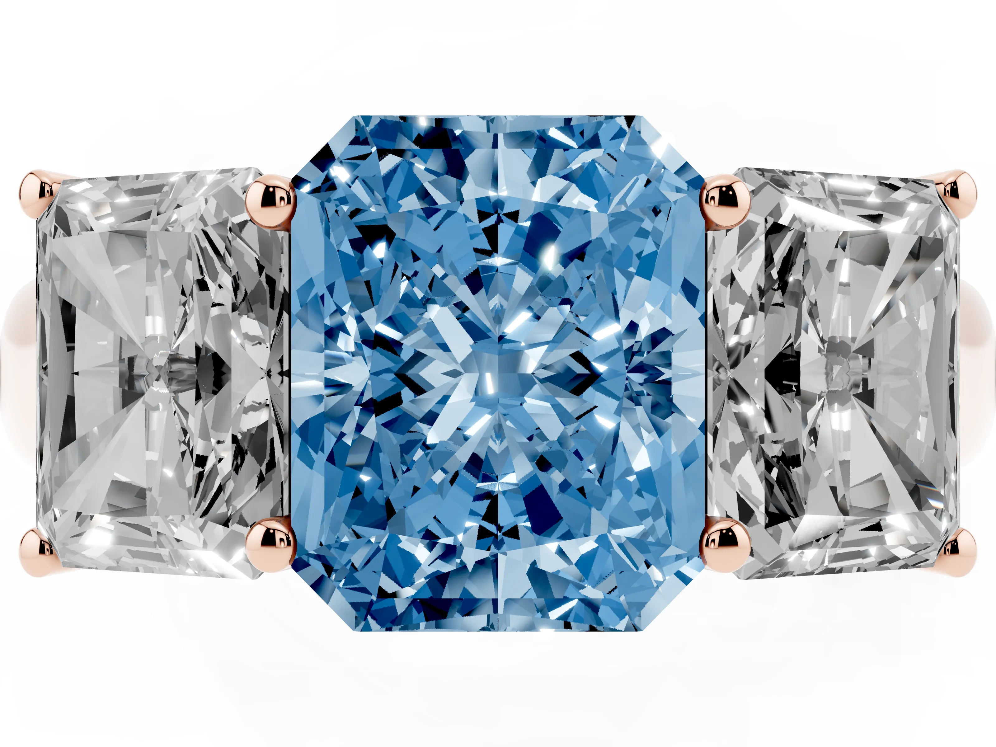 Fancy Blue Radiant Cut Diamond Three-Stone Ring Set in Rose gold with Plain Polished Band