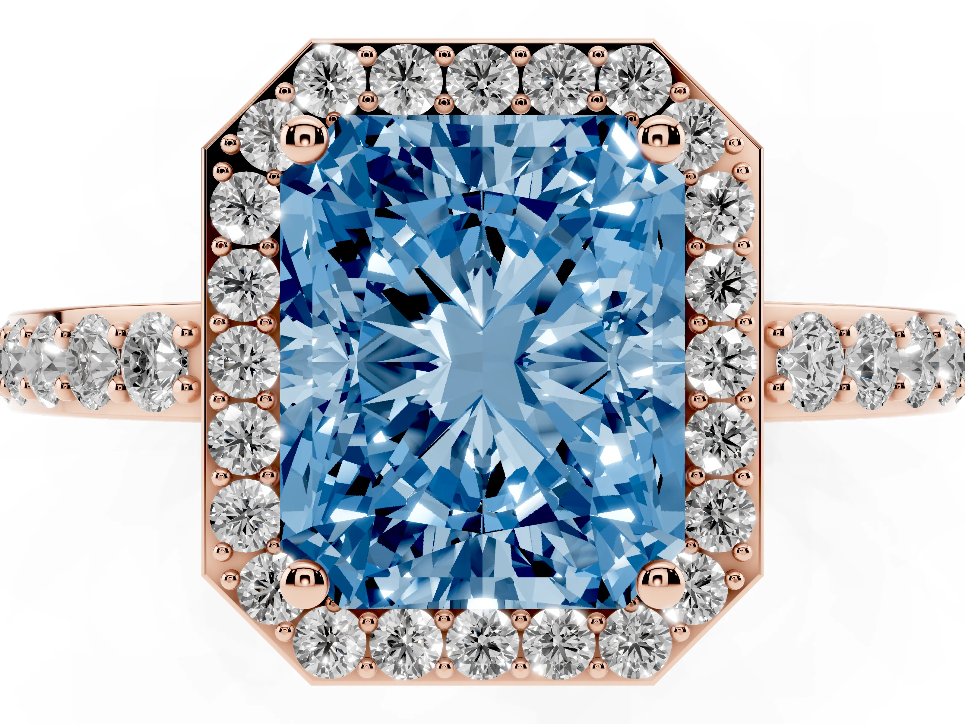Fancy Blue Radiant Cut Diamond Halo Ring Set in Rose gold with Pavé-Setting Band and Open Prong Center