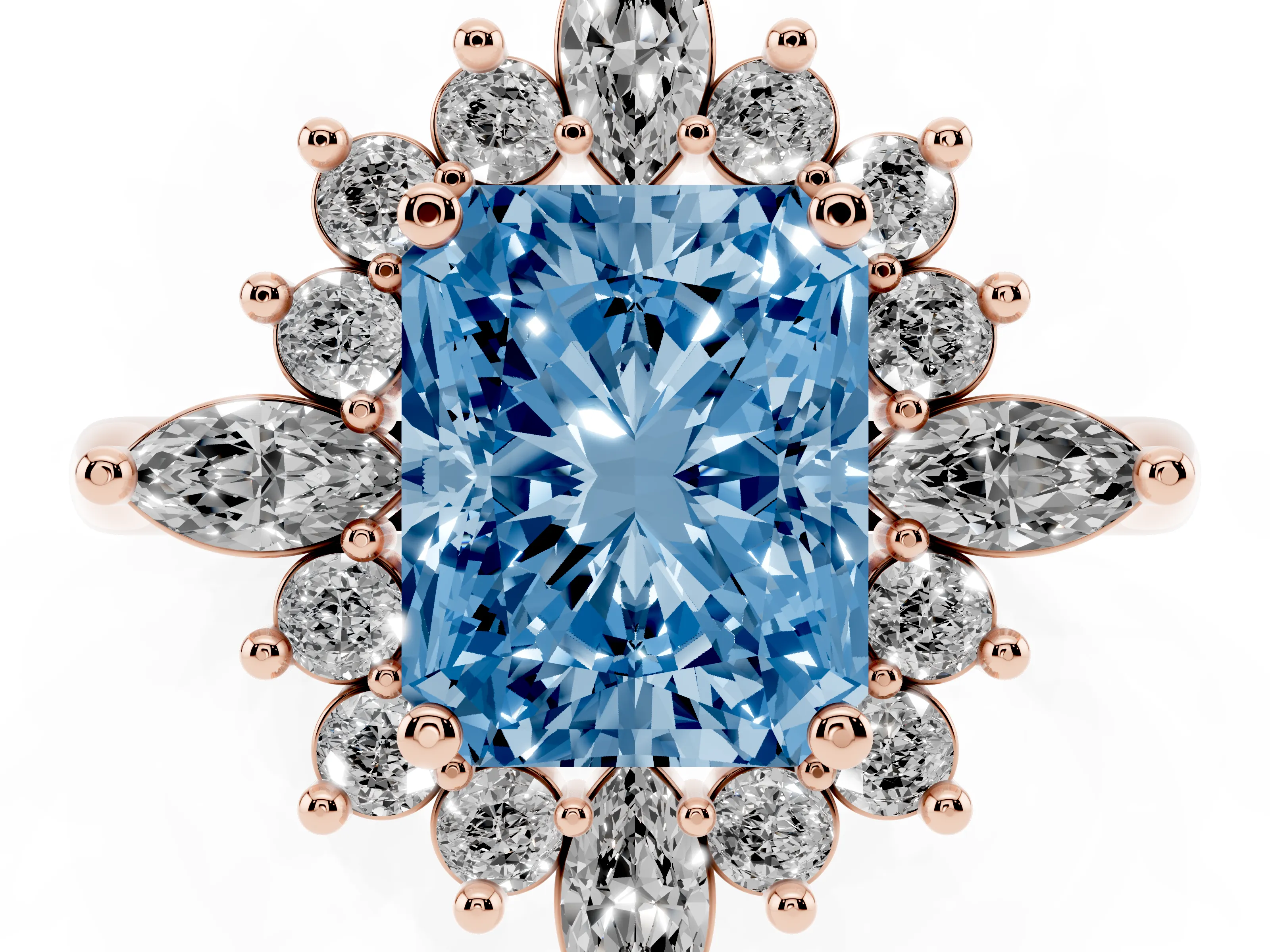Fancy Blue Radiant Cut Diamond Cluster Halo Ring Set in Rose gold with Marquise and Round Accents