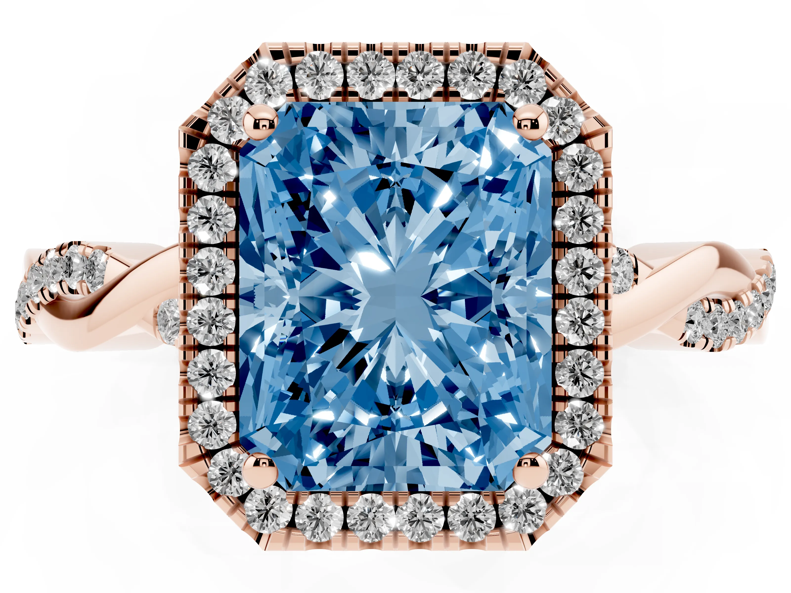 Fancy Blue Radiant Cut Diamond Halo Twisted Band Ring Set in Rose gold with Prong Setting
