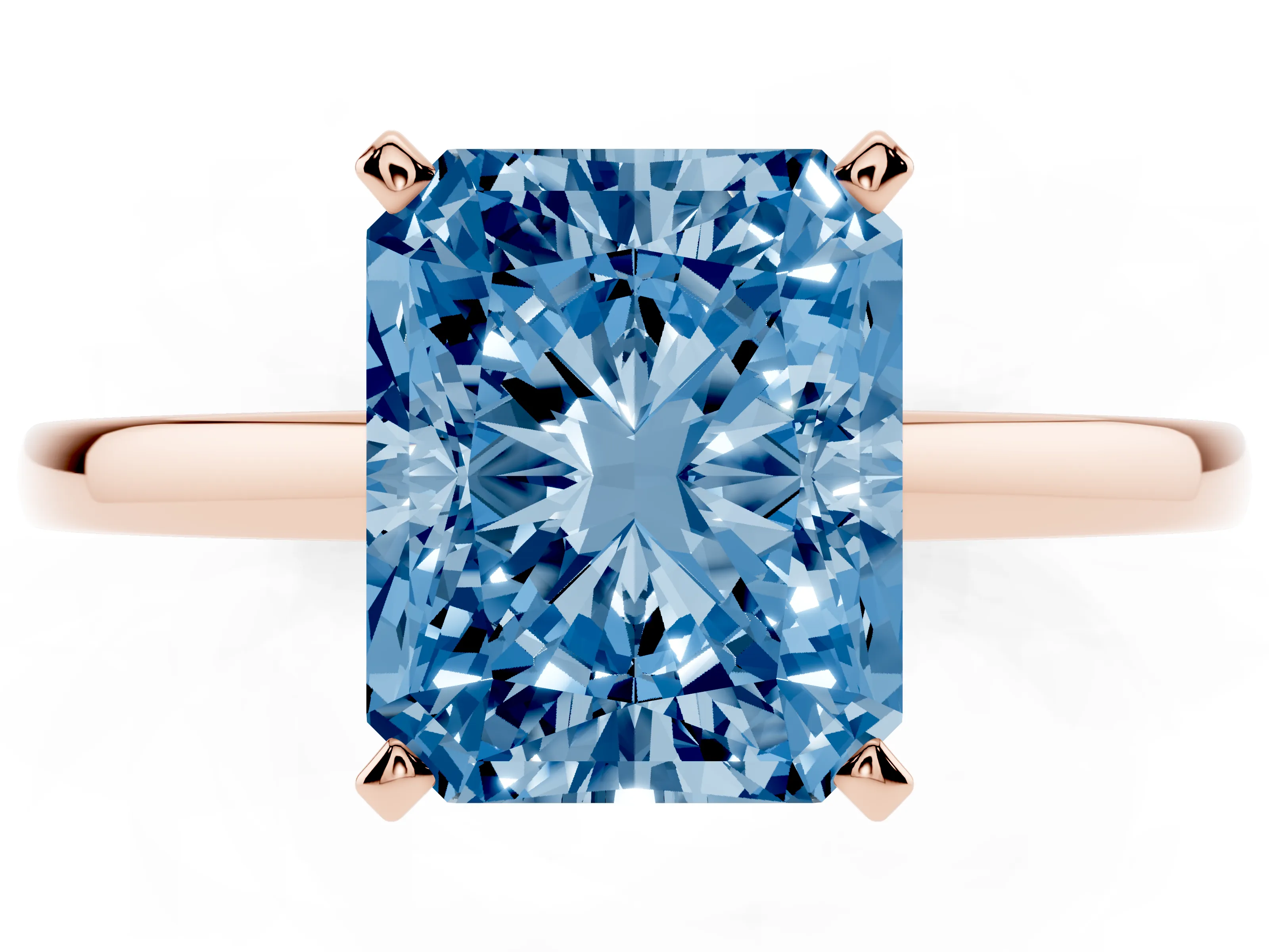 Fancy Blue Radiant Cut Diamond Solitaire Engagement Ring Set in Rose gold with Prong Setting on a Classic Band
