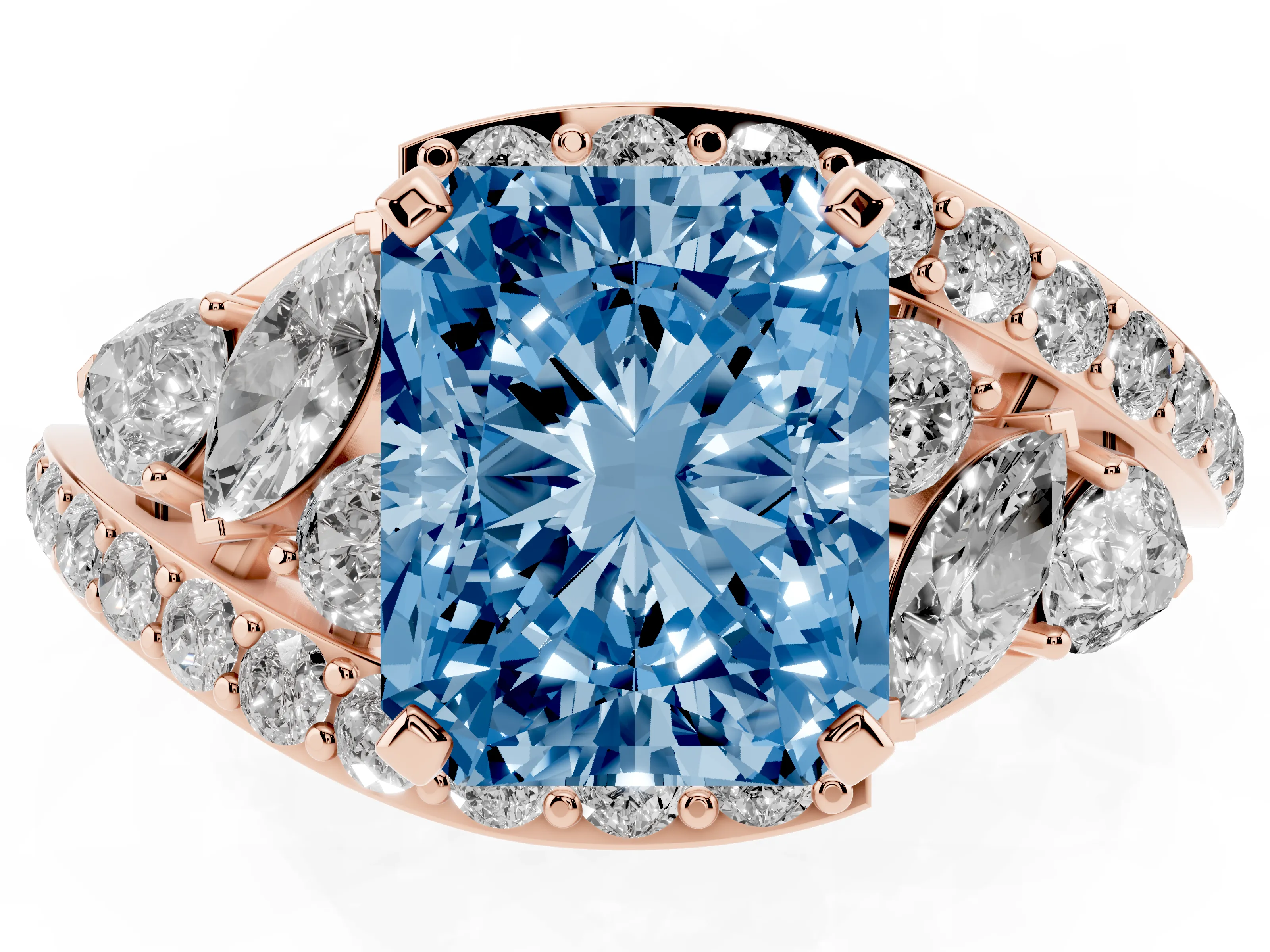 Fancy Blue Radiant Cut Diamond Halo Ring Set in Rose gold with Marquise and Pavé Band in Prong Setting