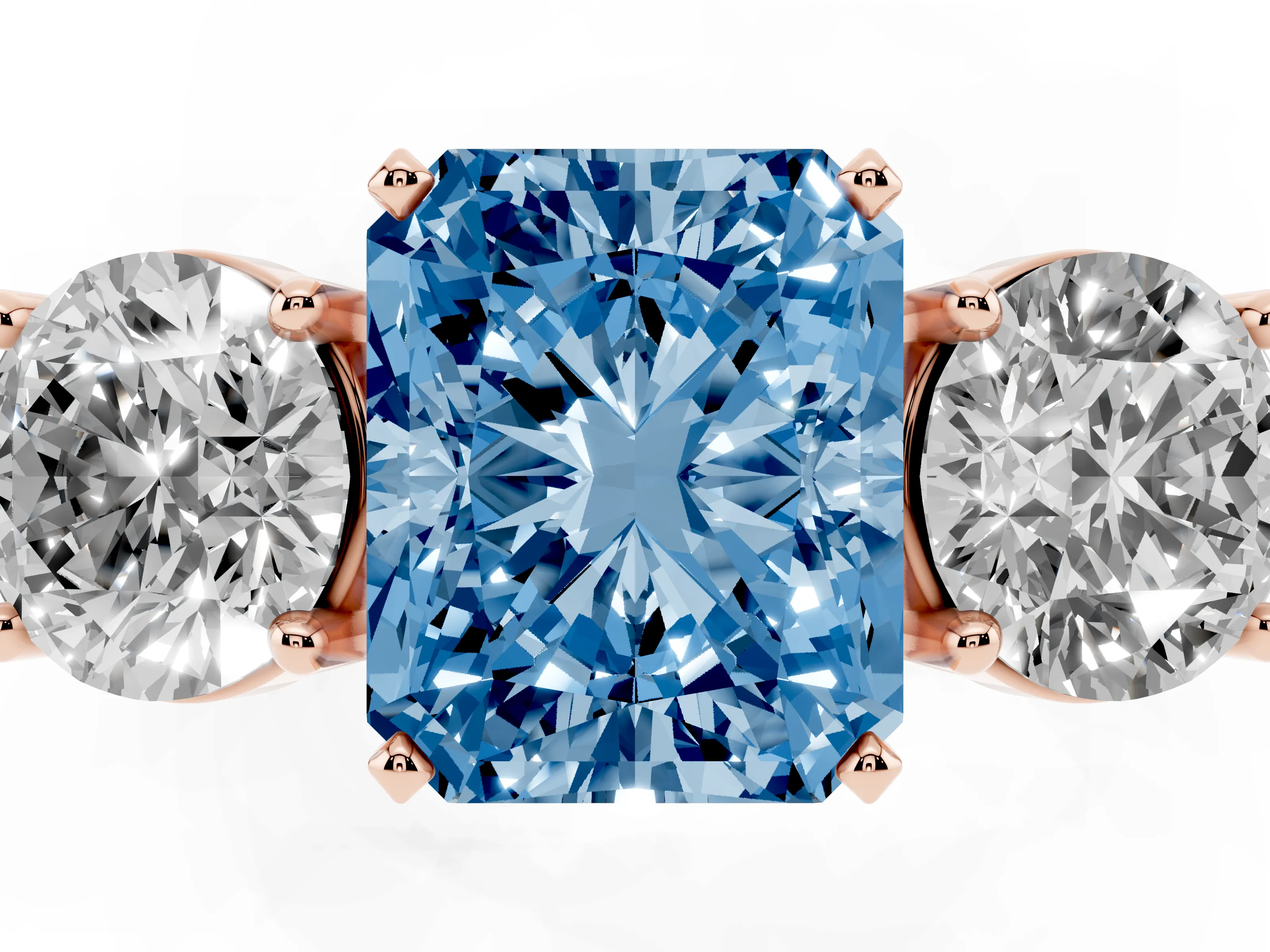 Fancy Blue Radiant Cut Diamond Three-Stone Ring Set in Rose gold with Round Side Stones and Classic Band