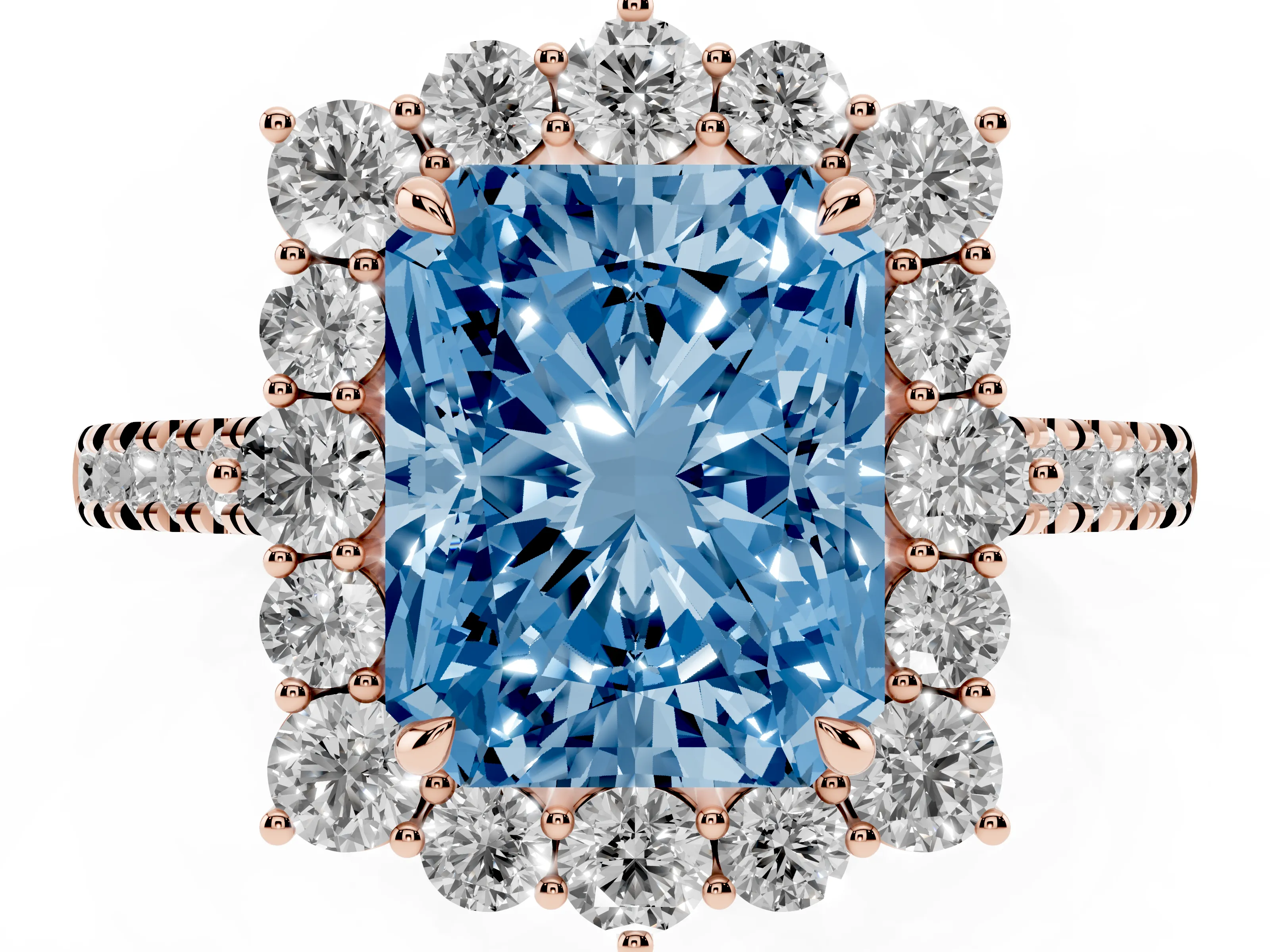 Fancy Blue Radiant Cut Diamond Halo Ring Set in Rose gold with Pavé Band and Prong Setting