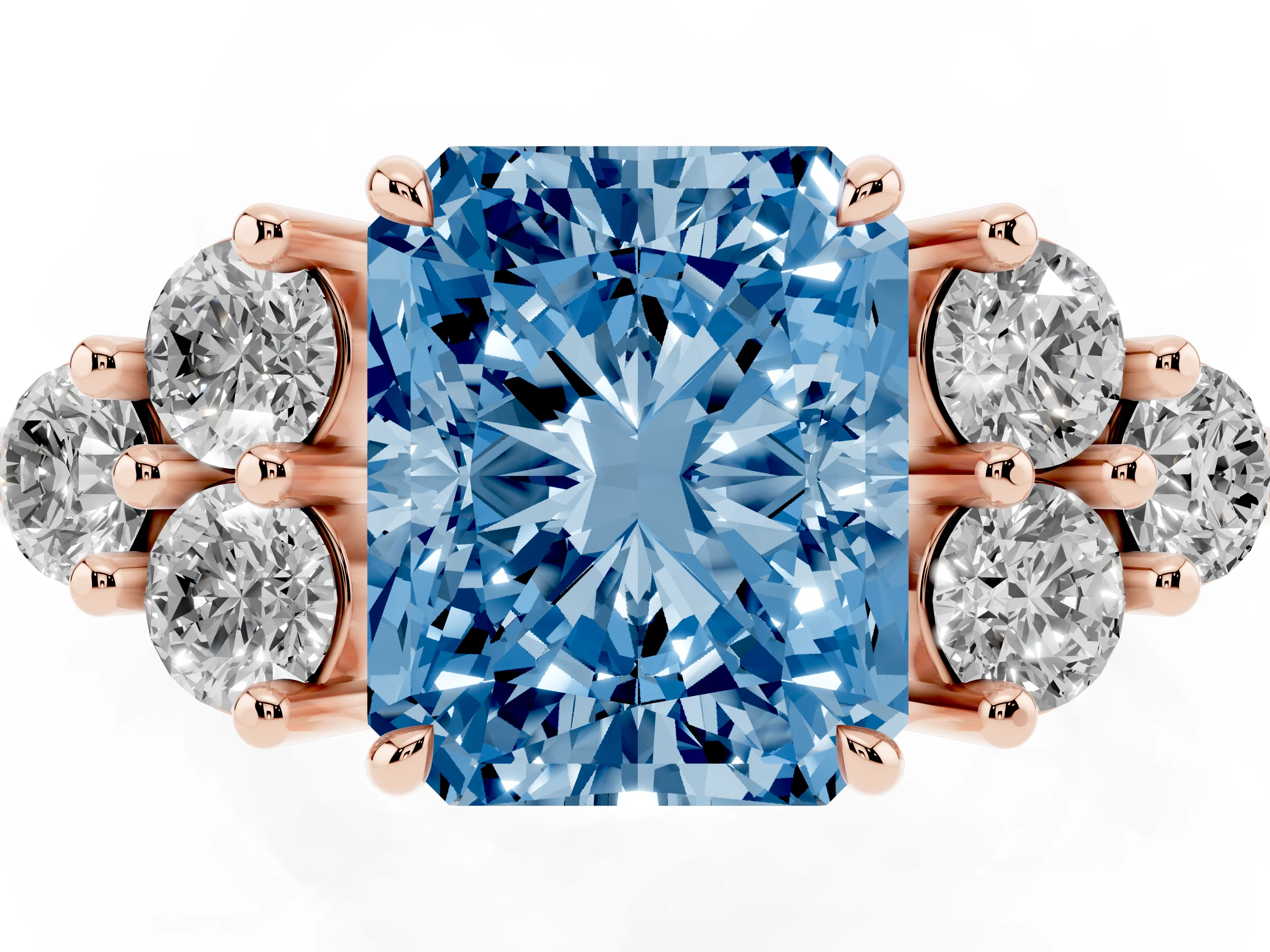 Fancy Blue Radiant Cut Diamond Solitaire Ring Set in Rose gold with Cluster Accents on Each Side