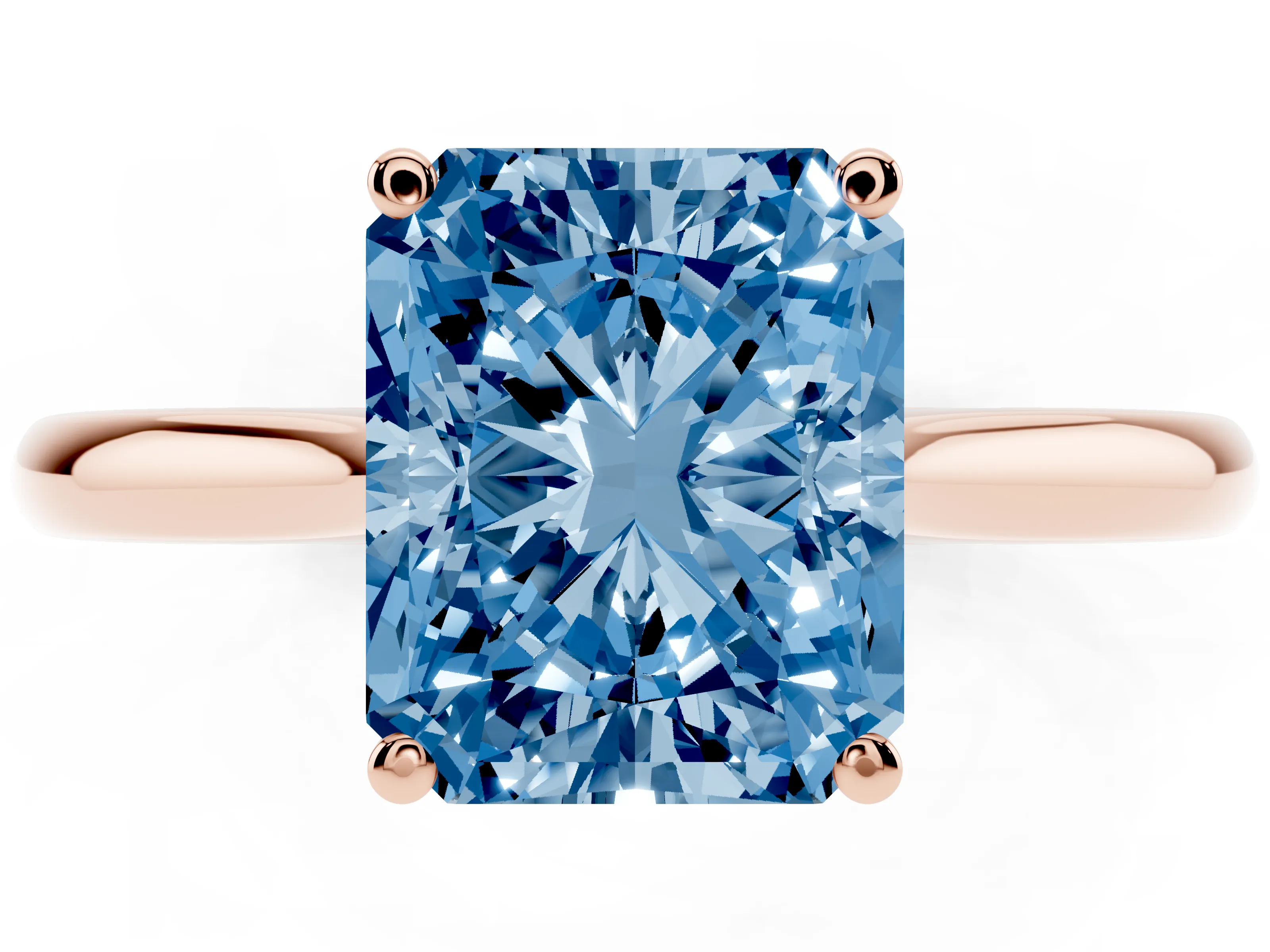 Fancy Blue Radiant Cut Diamond Solitaire Ring Set in Rose gold with Cathedral Band and Prong Setting